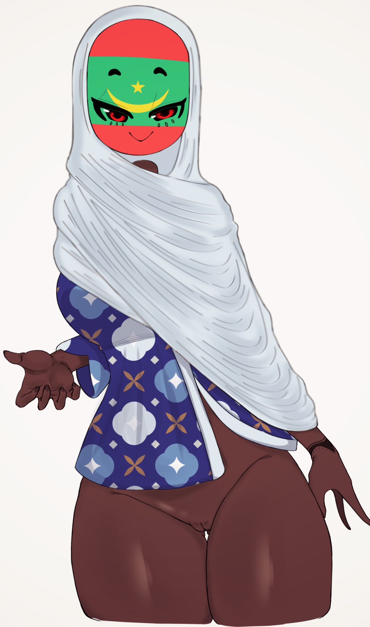 2026, african, african female, big breasts, clothed, clothing, countryhumans, countryhumans girl, dark skin, dark-skinned female, female, female only, flawsy, hijab, looking at viewer, mauritania (countryhumans), red eyes, tagme, thick thighs, white background