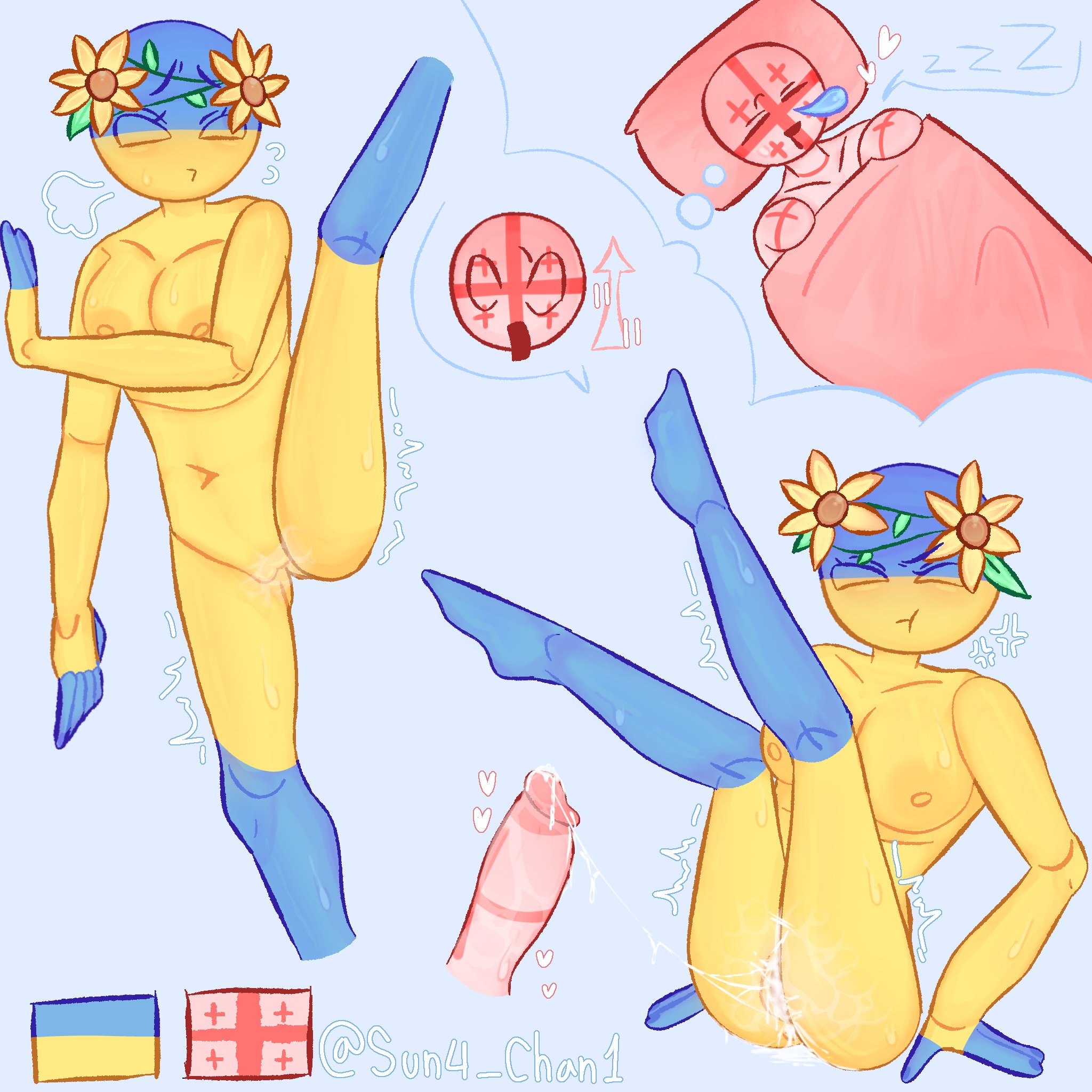 1boy, 1female, 1girls, 1male, after sex, before and after, before sex, breasts, countryhumans, countryhumans girl, cum, cum drip, cum in pussy, cum inside, cumshot, dream, dreaming, flowers, flowers on head, georgia (countryhumans), leaning against wall, leg up, penis, slav, slavic, slavic girl, suna chan, ukraine (countryhumans), wet dream