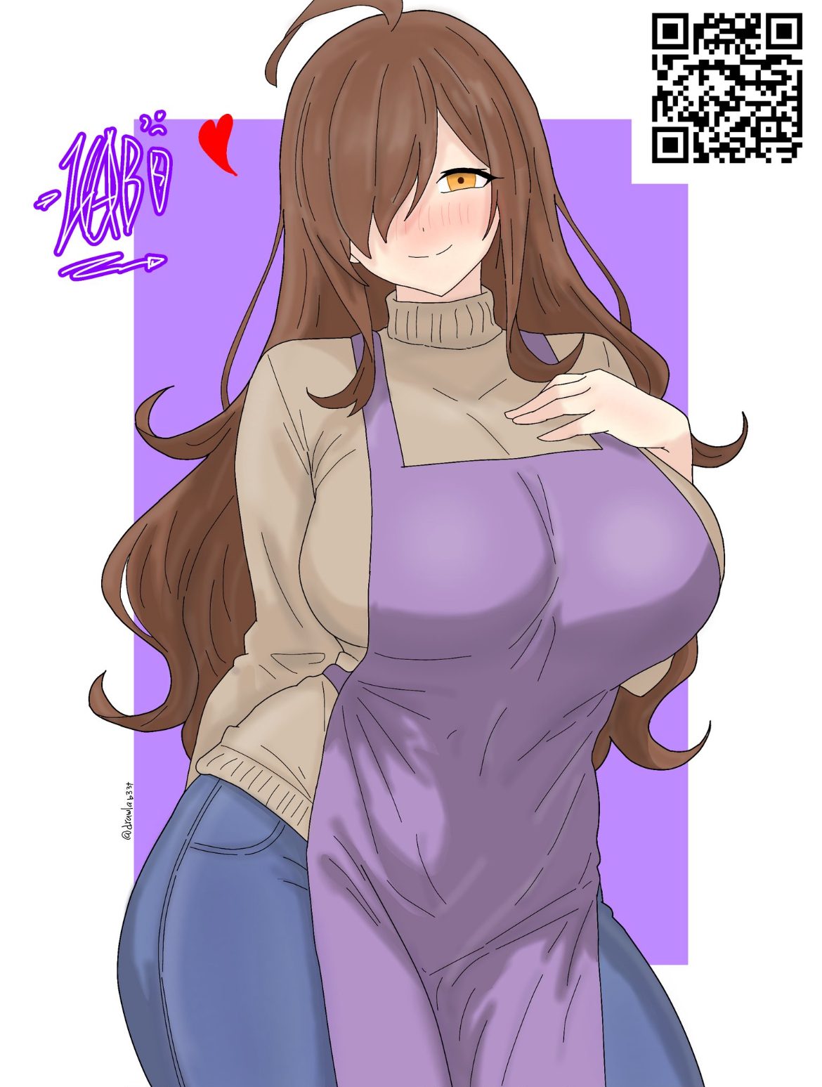 apron, big thighs, breasts, busty, busty female, curvy, curvy figure, cute, cute face, drawlab33t, female, female focus, female only, fully clothed, hand on chest, hips, hips wider than shoulders, hourglass figure, jeans, kono subarashii sekai ni shukufuku wo!, konosuba, long hair, looking at viewer, oppai, pale-skinned female, sexy, sexy body, sexy pose, shirt, solo, solo female, solo focus, thick, thick thighs, voluptuous female, wide hips, wide thighs, wiz (konosuba), yellow eyes