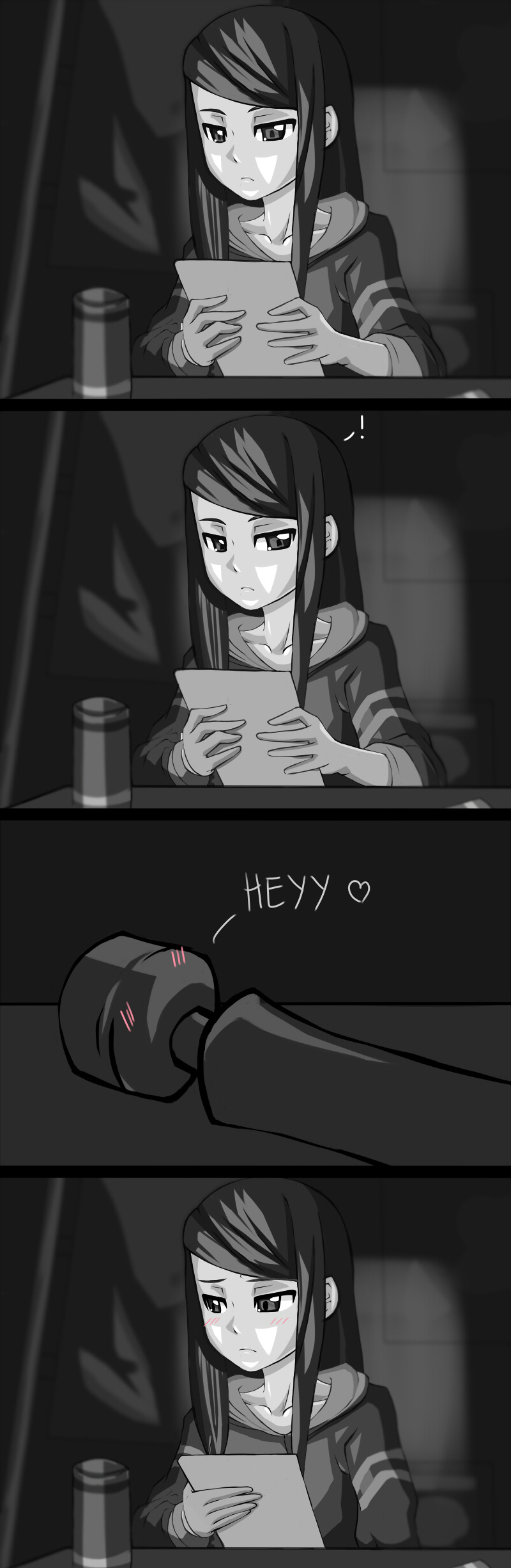 !, artist request, bad hands, bangs, black eyes, black hair, blush, collarbone, comic, dark, english, female, heart, highres, hitachi magic wand, holding, hood, hoodie, indoors, julianne stingray, long hair, monochrome, paper, reading, solo, source request, spoken exclamation mark, spoken heart, spot color, swept bangs, va-11 hall-a