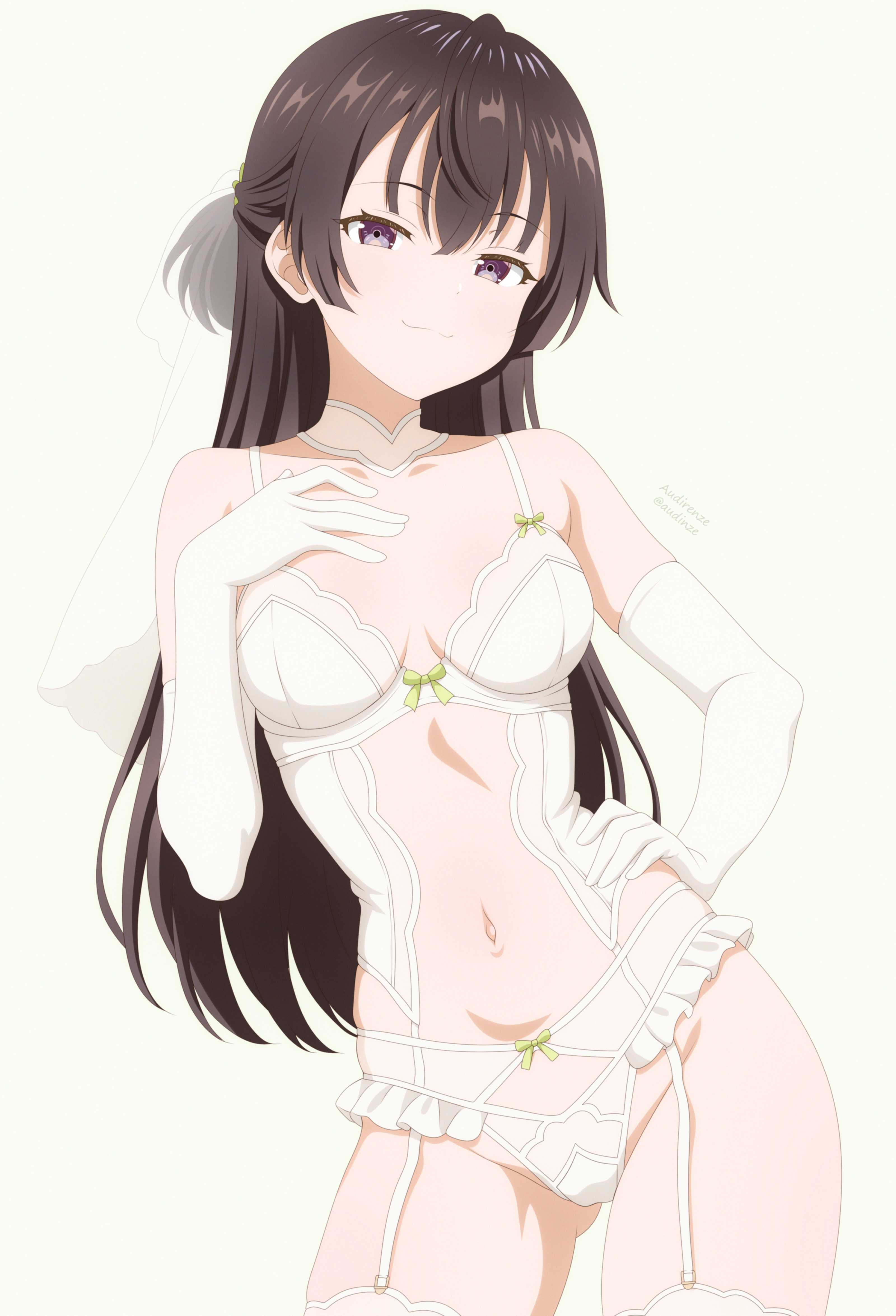 :3, 1girls, 2d, 2d (artwork), 2d artwork, ass visible through thighs, audirenze, average breasts, belly, belly button, bra, breasts, breasts apart, brown eyes, brown hair, brown-eyed female, brown-haired female, closed mouth smile, collarbone, curvaceous, curvaceous body, curvaceous female, curvaceous figure, curvaceous hips, curvaceous teen, curvy, curvy body, curvy female, curvy figure, curvy hips, curvy teen, digital, digital art, digital drawing, digital drawing (artwork), digital media, digital media (artwork), drawing, elbow gloves, elbows, eyebrows visible through hair, female, female focus, female only, fingers, garter straps, gloves, groin, hair between eyes, half naked, half nude, half updo, head tilt, high resolution, high school student, highres, inframammary fold, inguinal crease, inguinal ligament, lean figure, legwear, light smile, little sister, long gloves, long hair, looking at viewer, medium breasts, midriff, naked, naked female, naked woman, narrow waist, navel, nude, nude female, nudity, panties, posing, posing for the viewer, posing naked, posing nude, ribbon bra, ribbon panties, school girl, semi nude, shoulders, simple background, slender body, slender waist, slim waist, smile, smiley face, smiling, smiling at viewer, solo, standing, stockings, suou yuki, teen girl, teenage girl, teenage tits, teenager, thick thighs, thigh gap, thigh highs, thighhighs, thighs, tilted head, tokidoki bosotto russian de dereru tonari no alya-san, underwear, underwear only, upper body, white background, white bra, white elbow gloves, white garter straps, white gloves, white legwear, white long gloves, white panties, white stockings, white thigh highs, white thighhighs, white underwear, wide hips, young female, young woman
