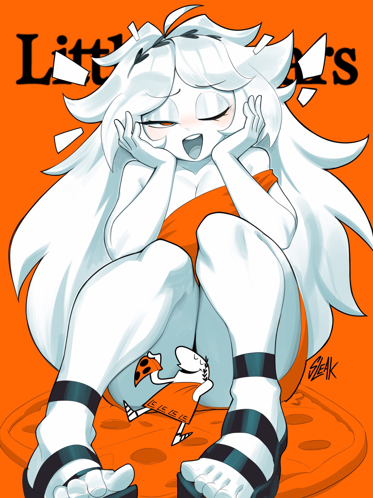 1boy, 1girls, big cleopatra, breasts, character censor, cleavage, food, little caesar, little caesars, long hair, mascot, one eye closed, orange background, orange dress, orange theme, pizza, sandals, shoes, sitting, size difference, sleakj3, tagme, thick thighs, toga, white hair, white skin