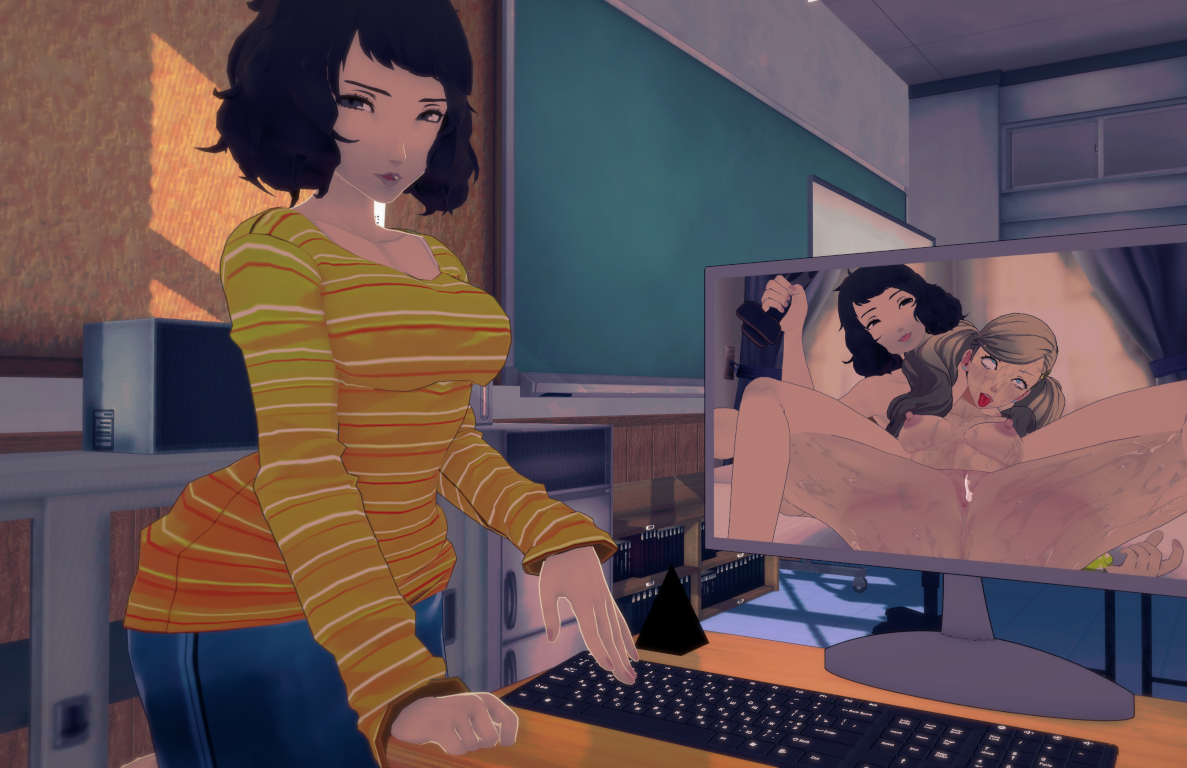 after orgasm, after sex, ahe gao, ann takamaki, dildo, female focus, female only, looking at viewer, persona, persona 5, sadayo kawakami, showing pussy, teacher and student, totalsun, voyeur, voyeurism, yuri