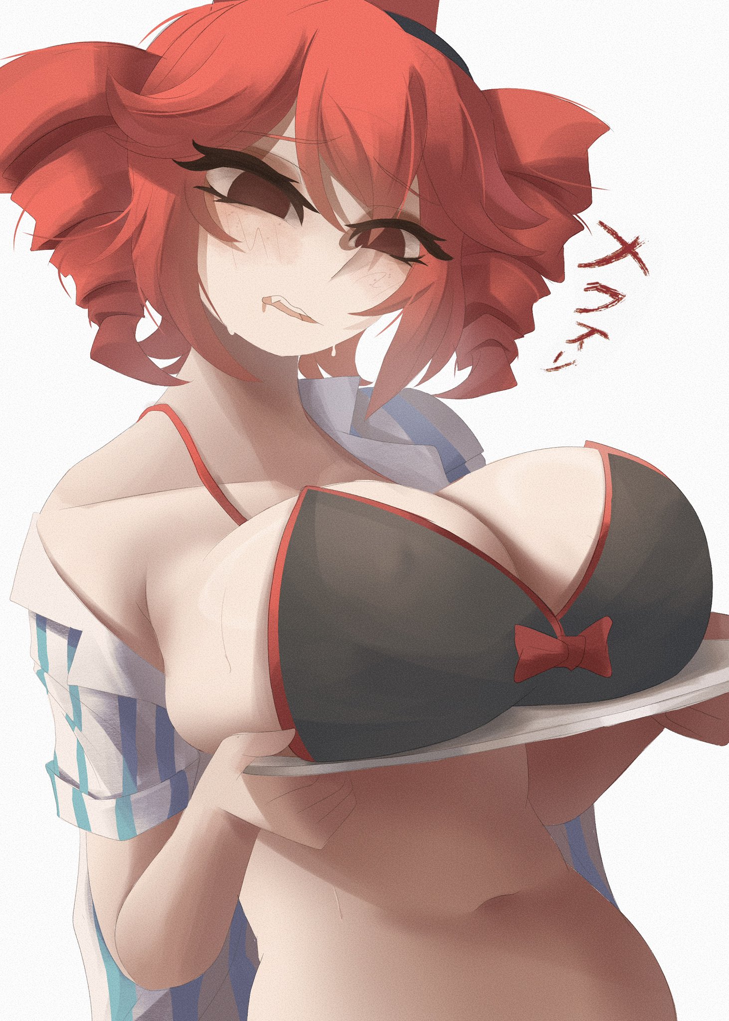 1girls, 2d, 2d (artwork), belly, big breasts, blouse, blush, blush lines, blushing, bow bra, bra, breasts, breasts bigger than head, breasts focus, breasts on tray, cleavage, curvaceous, curvy, curvy female, curvy figure, deep cleavage, drool, drooling, eyelashes, fat breasts, female, female only, hat, holding breasts, huge breasts, hypnosis, kasane teto, kasane teto (sv), large breasts, lifting breasts, long eyelashes, massive breasts, mesmerized, mesmerizer (vocaloid), mesmerizer teto, mv character, navel, naxless, no pupils, open mouth, plump, plump breasts, presenting, presenting breasts, red eyes, red hair, shirt, simple background, slim waist, solo, solo female, striped shirt, sweat, sweatdrop, sweating, synthesizer v, tilted head, top heavy, tray, twin drills, unbuttoned, unbuttoned shirt, undressed, undressing, upper body, upper body focus, utau, voluptuous, voluptuous female, white background