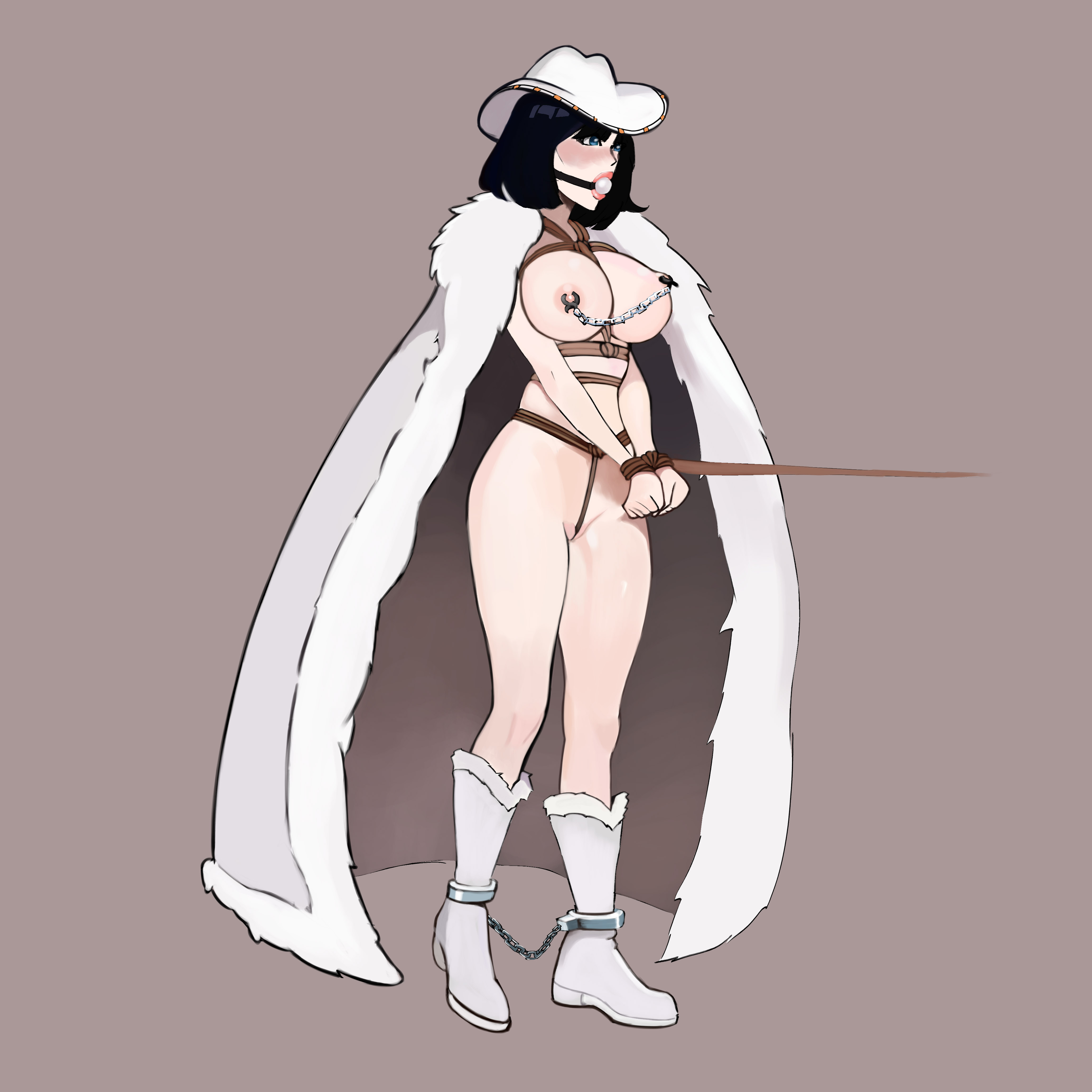 1girls, ankle cuffs, arabasta saga, ball gag, black hair, black-haired female, bondage, bound, bound ankles, bound wrists, crotch rope, cuff (restraint), female, female only, femsub, gag, gagged, keely-key, linked nipples, miss all sunday, nico robin, nipple chain, nipple piercing, nipple rings, one piece, piercing, pre-timeskip, rope