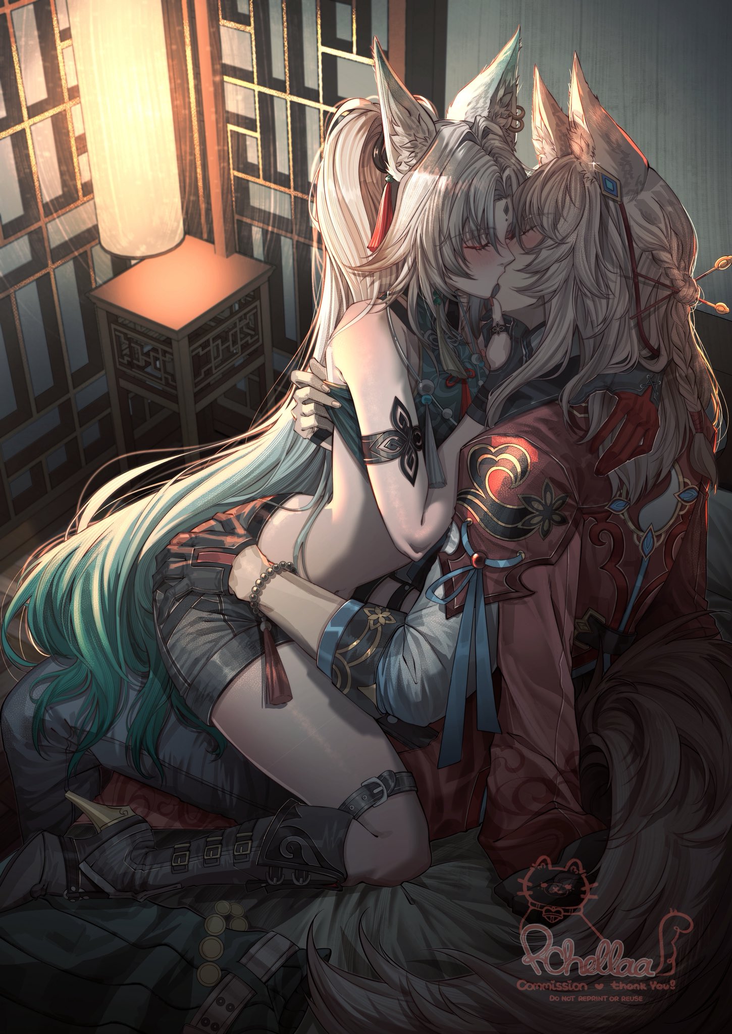 1boy, 1girls, bed, bedroom, blush, boots, clothed, clothes, clothing, couple, feixiao (honkai: star rail), female, fox, fox boy, fox ears, fox girl, fox tail, hands on hips, hands under clothes, honkai (series), honkai: star rail, hoyoverse, jiaoqiu (honkai: star rail), kissing, larger male, long hair, male, male/female, older male, rchellaa, romantic couple, shorter female, shorts, smaller female, suggestive, taller male, thighs, undressing, undressing another, younger female