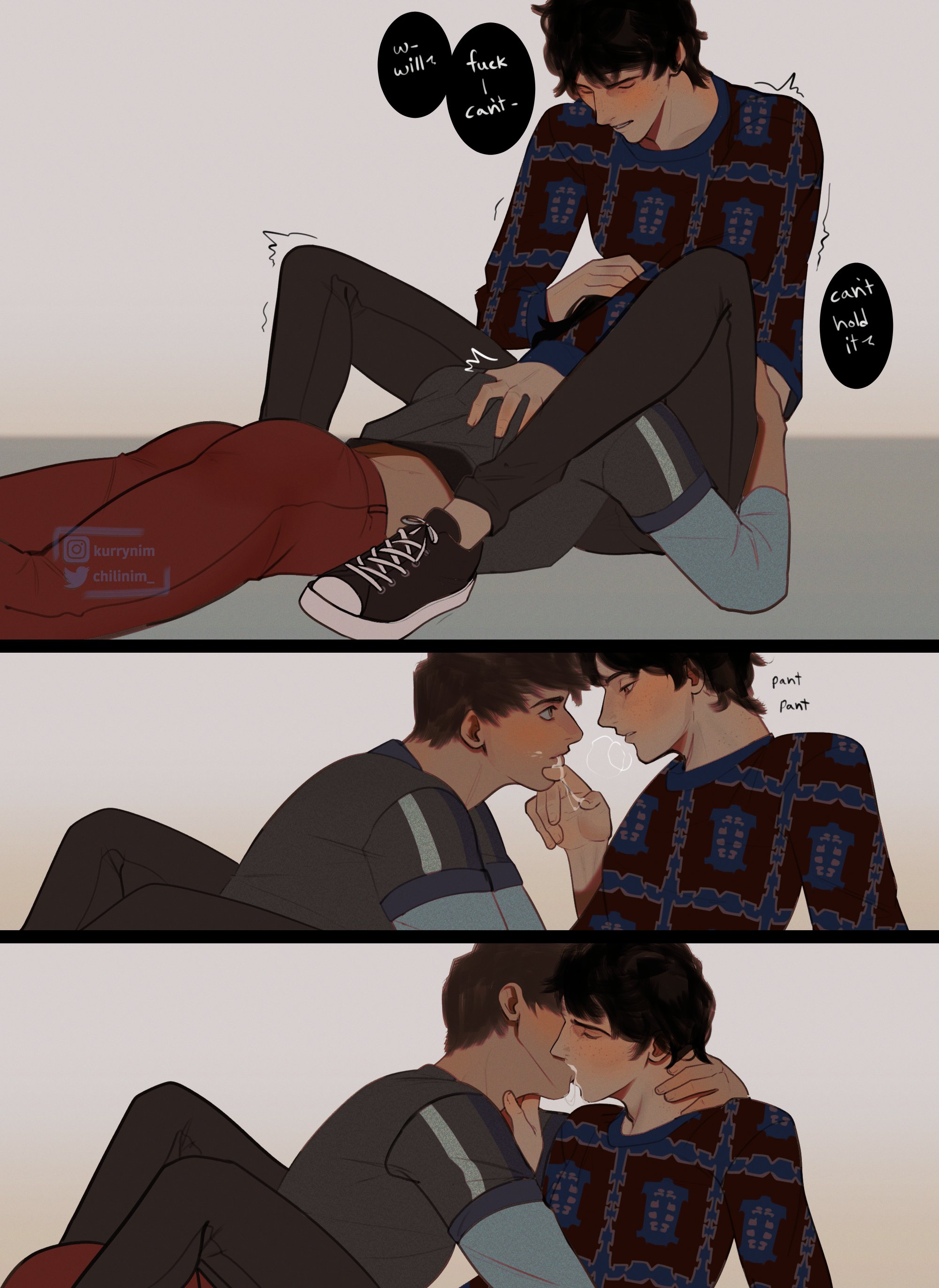 ass, blush, closed eyes, clothed, clothed oral, clothing, cum, cum in mouth, cum kiss, currynim, gay, implied oral, kissing, looking at each other, male, male focus, male only, mike wheeler, moaning, moaning in pleasure, oral, oral sex, pants, shirt, shoes, stranger things, sweater, will byers, yaoi