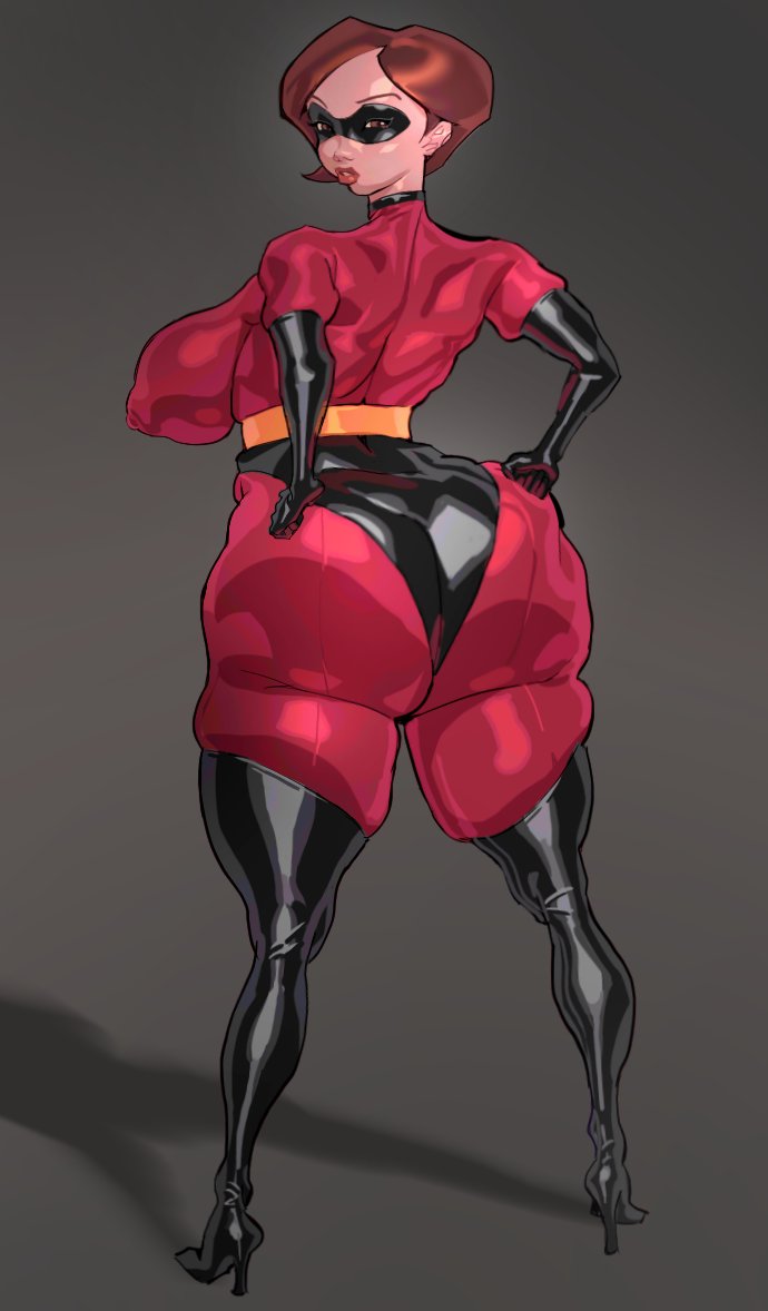 1girls, bbw, big ass, big breasts, black boots, bodysuit, boots, brown hair, elbow gloves, fat ass, female, gloves, helen parr, high heel boots, high heels, latex, latex gloves, mask, pixar, stamina64, superhero, superhero costume, superheroine, the incredibles, thigh boots, underwear