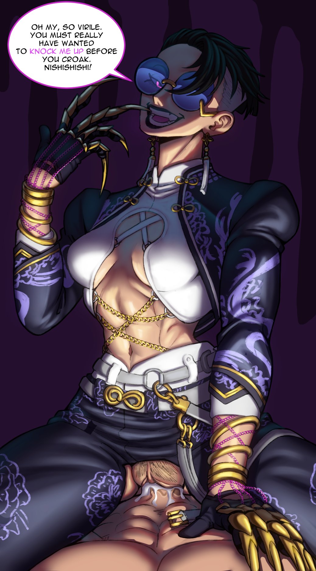 a.k.i., black hair, black lipstick, breasts, cum in pussy, dialogue, ear piercing, eyelashes, female on top, first person view, looking at viewer, navel, open smile, penis, pov, pubes, purple eyes, pussy, sex, speech bubble, street fighter, street fighter 6, sunglasses, talking to viewer, tan skin, text, thick thighs, tinted eyewear, torn clothes, torn pants, vaginal penetration, vertacularrld, wide hips