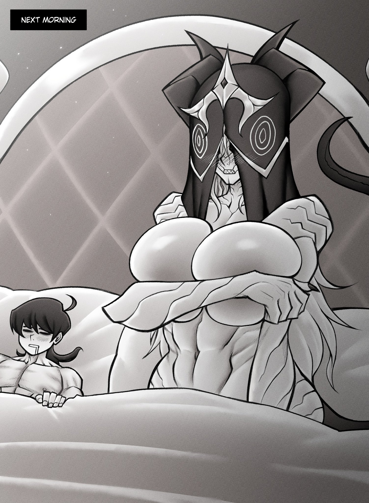 after sex, anikiki kun, bed, bedroom, bedroom sex, big breasts, blush, boobs put, breasts, breasts out, curvaceous, curvaceous body, curvaceous female, curvaceous figure, curvaceous hips, curvy, curvy body, curvy female, curvy figure, curvy hips, defeated, defeated villainess, demon, demon girl, demon queen, dominant male, english text, female, hero, hips, larger female, long hair, male, monster girl, naked, naked female, naked male, nude, nude female, nude male, oc, original, original character, original characters, queen zonia (anikiki kun), sharp teeth, shorter male, smaller male, submissive female, suggestive, tail, taller female, text, thick hips, thick thighs, thighs, tits out, villainess, wide hips