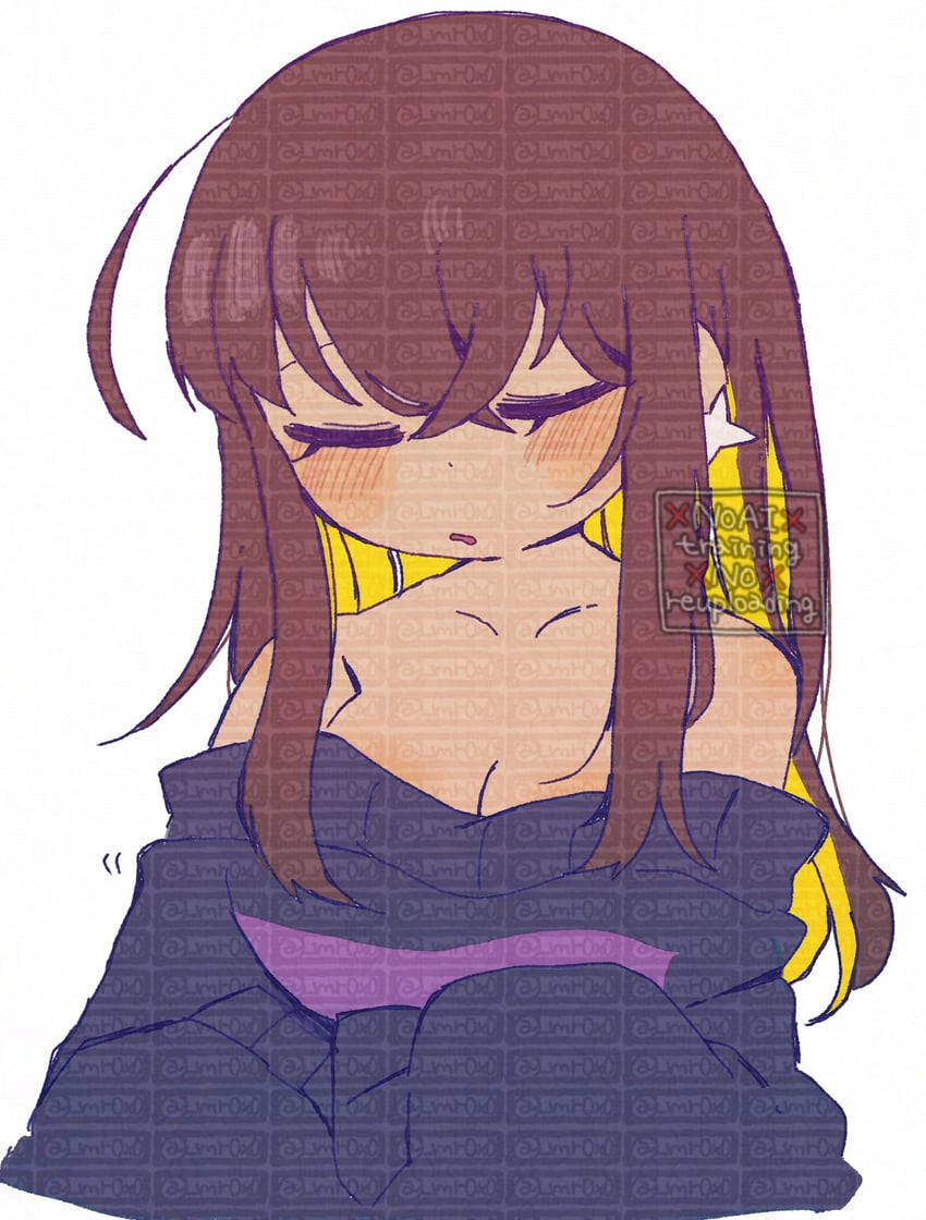 :o, aged up, alternate hair length, alternate hairstyle, bare shoulders, black sweater, blonde hair, breasts, brown hair, closed eyes, collarbone, colored inner hair, cowlick, cropped torso, crossed bangs, earrings, facing viewer, female, female frisk, frisk, frisk (undertale), genderswap (otf), hair between eyes, highres, jewelry, long hair, long sleeves, medium breasts, mr0x0, multicolored hair, off shoulder, off-shoulder sweater, open mouth, puffy long sleeves, puffy sleeves, purple sweater, rule 63, sidelocks, simple background, sleeves past fingers, sleeves past wrists, solo, striped clothes, striped sweater, sweater, too many watermarks, two-tone hair, two-tone sweater, u u, undertale, utdr (toby fox), watermark, white background