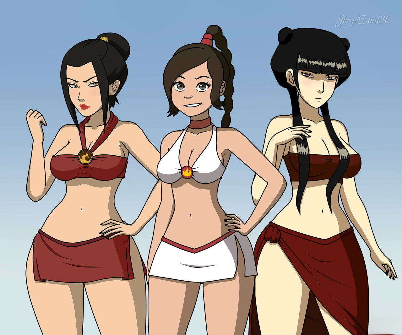 3girls, artist request, avatar the last airbender, azula, bare shoulders, belly, belly button, big breasts, bikini top, black hair, blue eyes, braided ponytail, breasts, brown eyes, brown hair, choker, cleavage, color, colored, curvy, dark hair, double bun, female, female focus, female only, fire nation, friends, goth, goth girl, gothic, hairbun, hand on own hip, happy, huge breasts, jorgedani3l, large breasts, lipstick, looking to the side, mai (avatar), midriff, nail polish, necklace, noblewoman, painted fingernails, painted nails, pose, posing, princess, red lipstick, royal, royalty, shorts, sidelocks, skirt, skorts, swimsuit, teenager, thick thighs, tied hair, topknot, trio, ty lee, wide hips, yellow eyes