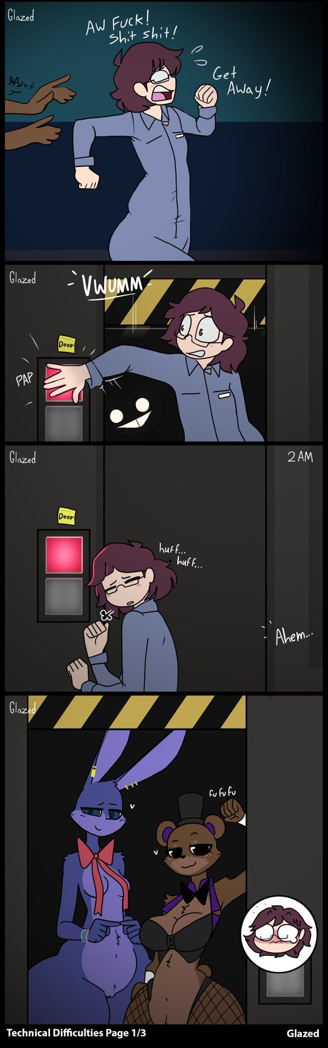1boy, 2girls, anthro, bonnie (fnaf), comic, dialogue, five nights at freddy's, five nights at fuzzboob's, freddy (fnaf), glazed (artist), glazeddd, human, imminent sex, jumpsuit, pussy, running