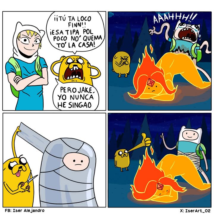 1girls, 2boys, adventure time, artist request, comic, dialogue, finn the human, fire, flame princess, gem, gem on forehead, jake the dog, meme, meme attire, meme reference, parody, princess, scissors, sex, spanish text, speech bubble, thumbs up