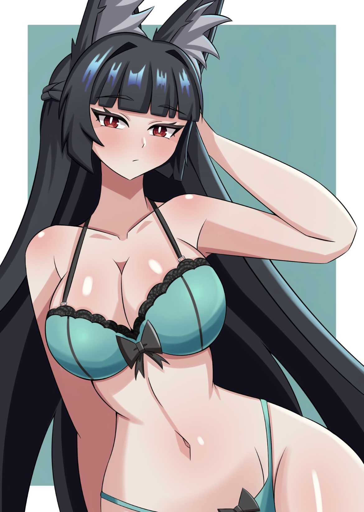 belly, belly button, bikini, bikini only, black hair, cat ears, catgirl, child bearing hips, cleavage, cleavage overflow, cute, cute face, female, female focus, female only, hand behind head, hips, hips wider than shoulders, hoshimi miyabi, hour, looking at viewer, midriff, pale-skinned female, red eyes, sexy, sexy body, solo, solo female, solo focus, tiny waist, voluptuous female, zenless zone zero