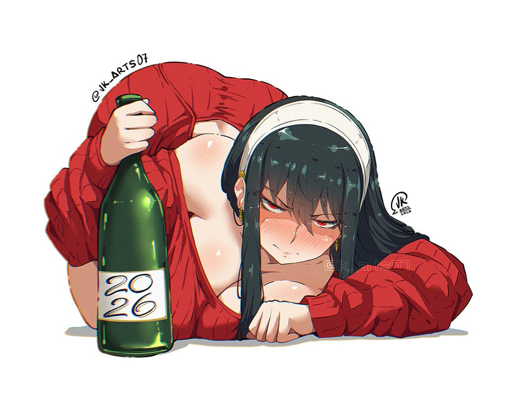 1girls, 2026, alcohol, artist logo, ass up, black hair, breast press, drunk, jk arts07, red eyes, source request, spy x family, voluptuous, yor briar