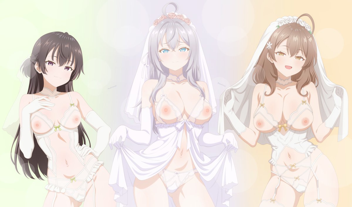 :3, 2d, 2d (artwork), 2d artwork, 3girls, ahoge, alisa mikhailovna kujou, areola, areolae, ass visible through thighs, audirenze, average breasts, bare belly, bare chest, bare hips, bare midriff, bare navel, bare nipples, bare shoulders, bare skin, bare thighs, belly, belly button, bewitching thighs, big breasts, blue eyes, blue-eyed female, bra, breasts, brown eyes, brown hair, brown-eyed female, brown-haired female, busty, busty female, busty girl, busty teen, child bearing hips, cleavage, closed mouth smile, collarbone, cupless babydoll, cupless bra, curvaceous, curvaceous body, curvaceous female, curvaceous figure, curvaceous hips, curvaceous teen, curvy, curvy body, curvy female, curvy figure, curvy hips, curvy teen, digital, digital art, digital drawing, digital drawing (artwork), digital media, digital media (artwork), drawing, e-cup breasts, elbow gloves, elbows, exposed belly, exposed chest, exposed hips, exposed midriff, exposed navel, exposed nipples, exposed shoulders, exposed skin, exposed thighs, eyebrows visible through hair, female, female focus, female only, fertile hips, fingers, flower, flower hair ornament, flower in hair, flower on head, garter belt, garter straps, gloves, green background, groin, groin tendon, hair between eyes, hair ornament, half naked, half nude, half updo, half-closed eyes, head tilt, high resolution, high school student, highres, hourglass figure, inguinal crease, inguinal ligament, large boobs, large breasts, lean figure, leaning, leaning to the side, legwear, light smile, little sister, long gloves, long hair, looking at viewer, maria mikhailovna kujou, medium breasts, midriff, multiple females, multiple girls, naked, naked female, naked woman, narrow waist, navel, nipples, nude, nude female, nudity, older sister, open mouth, open mouth smile, orange background, panties, parted lips, pink areola, pink areolae, pink nipples, posing, posing for the viewer, posing naked, posing nude, purple background, russian female, school girl, semi nude, shoulders, silver hair, silver hair female, silver-haired female, simple background, sisters, slender body, slender waist, slim waist, smile, smiley face, smiling, smiling at viewer, smug, smug face, smug grin, smug smile, standing, stockings, suou yuki, take your pick, teen girl, teenage girl, teenage tits, teenager, thick thighs, thigh gap, thigh highs, thighhighs, thighs, tilted head, tokidoki bosotto russian de dereru tonari no alya-san, tongue, uncensored, uncensored breasts, uncensored nipples, underwear, upper body, veil, wedding attire, wedding lingerie, wedding veil, white background, white bra, white elbow gloves, white garter belt, white garter straps, white gloves, white legwear, white long gloves, white panties, white stockings, white thigh highs, white thighhighs, white underwear, white veil, wide hips, young female, young woman