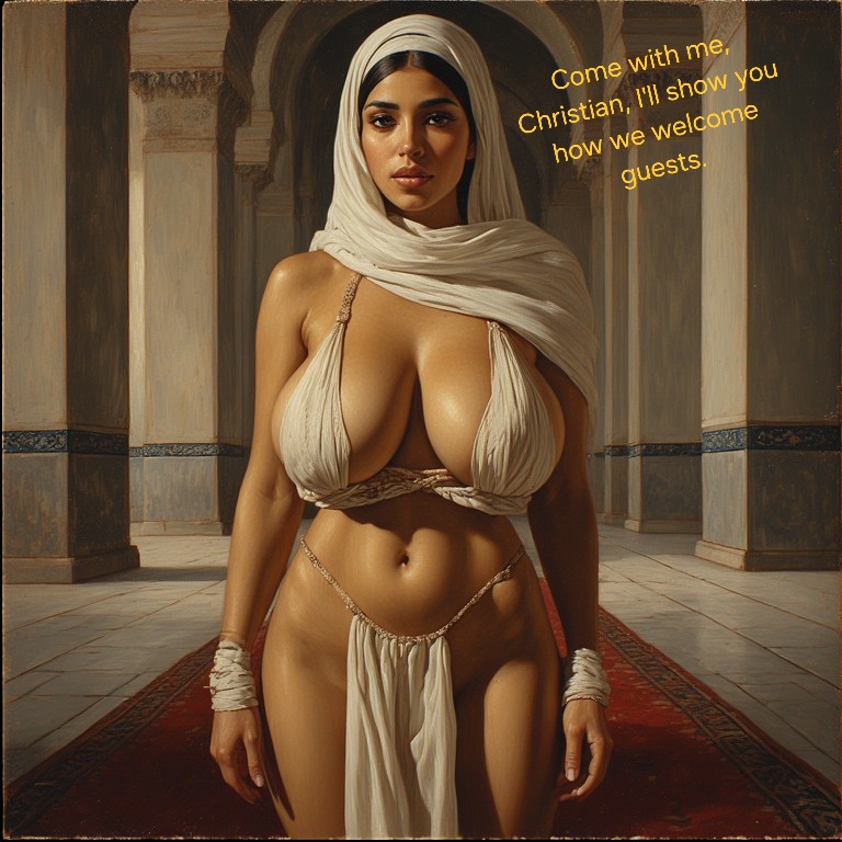 ai generated, arabian, arabian clothes, curtain, curtains, english text, half naked, half-dressed, hijab, islam, mosque, muslim, muslim female, original, original character, realistic, religion, religious clothing, text