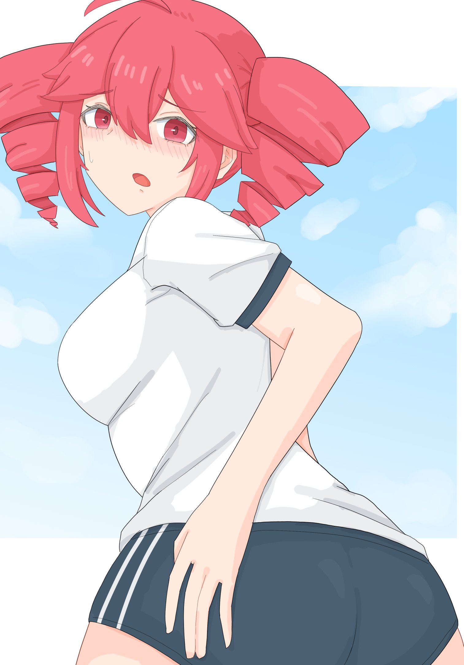 1girls, 2d, 2d (artwork), ahoge, ass, ass focus, big ass, big breasts, bloomers, blush, blush lines, blushing profusely, breasts, clothed, clothed female, clothing, crab nokogiri, curvaceous, curvy, curvy female, curvy figure, embarrassed, embarrassed female, female, female only, fully clothed, hand on ass, hand on own ass, hips wider than shoulders, huge ass, kasane teto, large ass, large breasts, looking at viewer, low-angle view, open mouth, red eyes, red hair, revealing clothes, school uniform, shirt, short shorts, shorts, sky, solo, solo female, sports shorts, sports uniform, sweat, sweatdrop, sweating, twin drills, utau, voluptuous, voluptuous female, wide hips