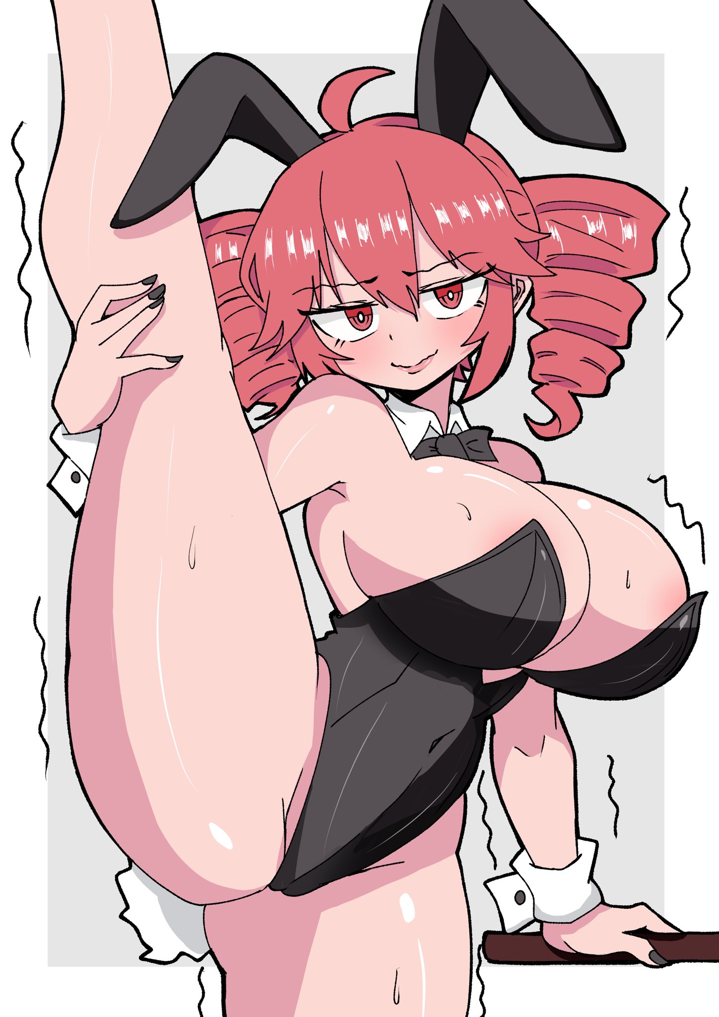 1girls, 2d, 2d (artwork), ahoge, areola slip, areolae, belly, big breasts, big thighs, black nails, blush, blushing profusely, bow, breasts, bunny ears, bunny girl, bunny tail, bunnysuit, cameltoe, cleavage, curvaceous, curvy, curvy female, curvy figure, deep cleavage, detached collar, detached cuffs, embarrassed, embarrassed female, eyelashes, fat breasts, fat thighs, female, female only, flexible, flexible female, hips wider than shoulders, hitorikanawo, holding leg, holding leg up, hourglass figure, huge breasts, huge thighs, kasane teto, large areolae, large breasts, large thighs, leg up, lips, looking at viewer, massive breasts, massive thighs, nail polish, navel, navel visible through clothes, painted nails, pink nipples, plump, plump breasts, plump thighs, pussy, pussy lips, raised leg, red eyes, red hair, revealing clothes, shiny skin, skimpy, skimpy clothes, slim waist, solo, solo female, struggling, struggling to lift, sweat, sweatdrop, sweating, thick thighs, thighs, tight clothing, tremble spikes, trembling, twin drills, utau, vagina, voluptuous, voluptuous female, wide hips