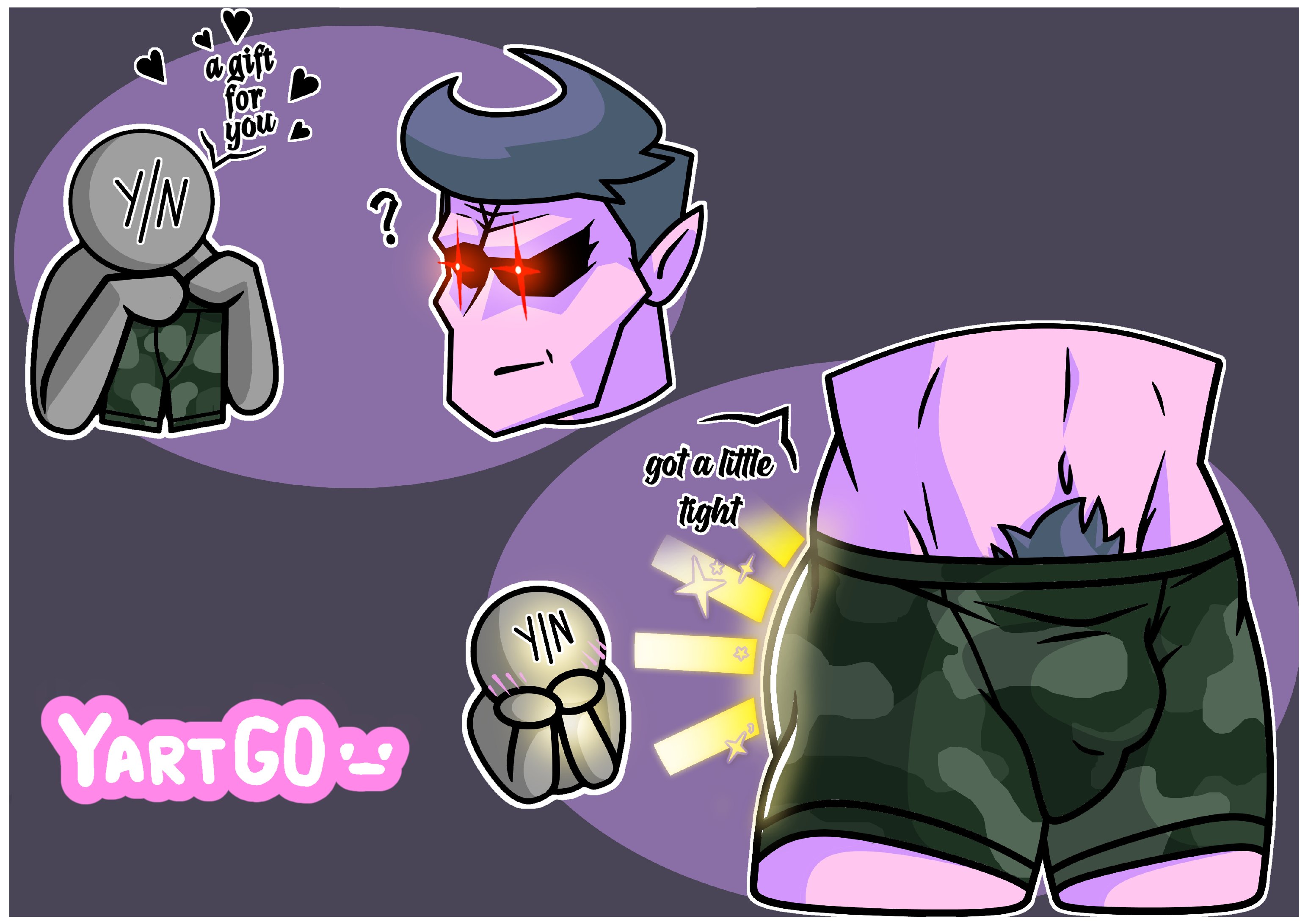 ?, 1boy, 1other, 2d, 2d (artwork), ambiguous gender, anon, artist name, blush, bulge, daddy, daddy dearest, demon, dialogue, english text, fnf, friday night funkin, front view, glowing eyes, grey hair, hair, heart, humanoid, male, mature male, navel, pubes, pubic hair, purple skin, simple background, text, tight clothing, twitter, underwear, video games, y/n, yartgo