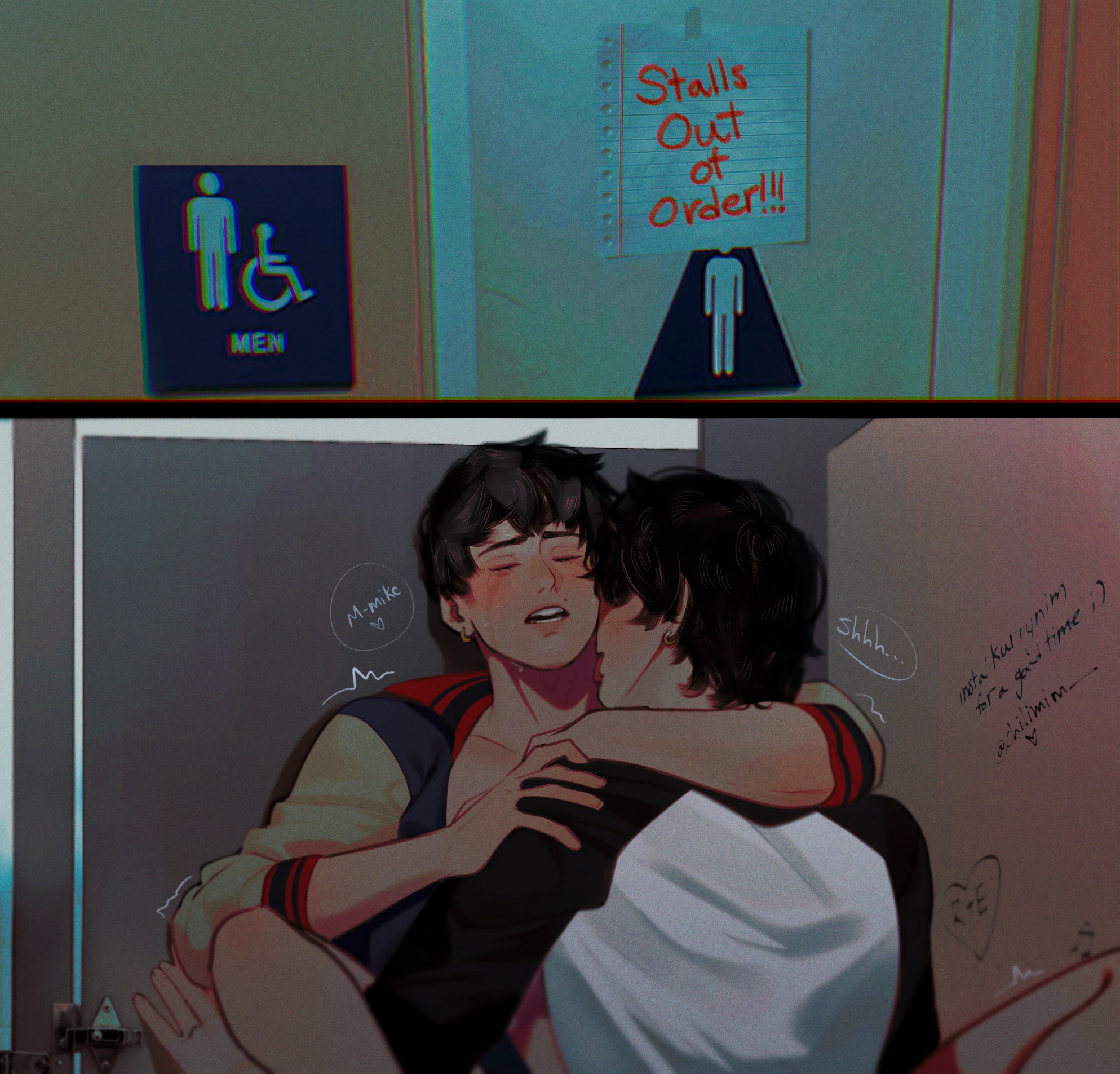 anal, anal sex, bathroom, bathroom sex, black hair, blush, brown hair, closed eyes, clothed, clothed sex, clothing, currynim, gay, implied anal, licking, licking neck, male, male focus, male only, mike wheeler, open clothes, shirt, spread legs, stranger things, tongue, tongue out, will byers, yaoi