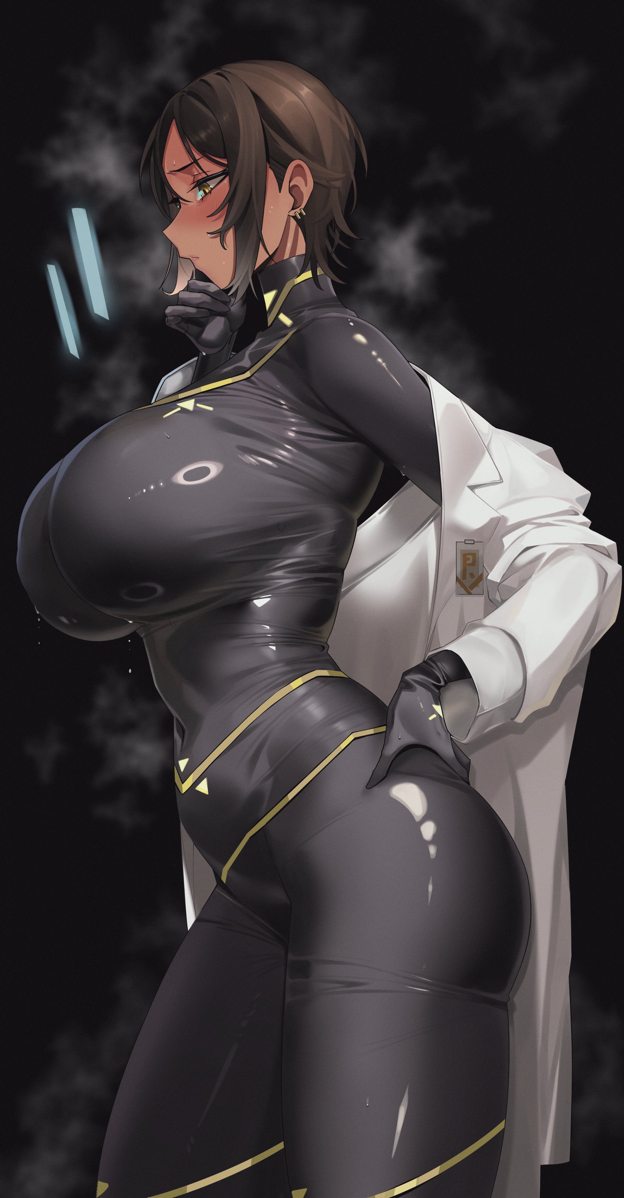 1girls, big breasts, blush, bodysuit, breasts, brown hair, curvy, dark-skinned female, earrings, female, female only, hand on chin, hand on waist, huge breasts, human, labcoat, large breasts, limbus company, outis (limbus company), project moon, pubic hair, pussy, rhlatm, short hair, skintight, skintight bodysuit, solo, solo female, thick thighs, tight clothing, tits, wide hips, yellow eyes