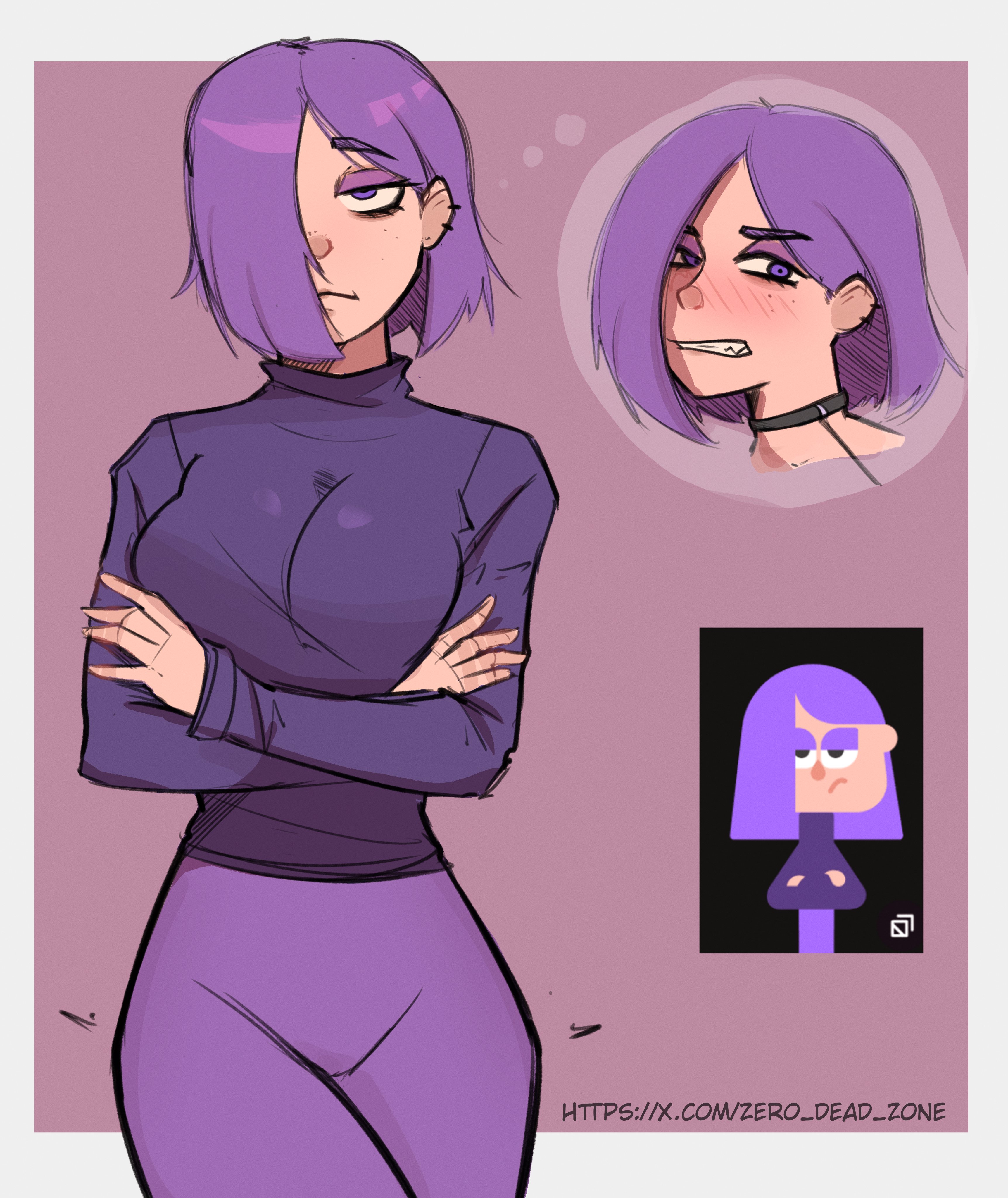 1girls, 2024, 2d, 2d (artwork), blank background, blush, blush lines, choker, duolingo, ear piercings, emotionless, hair covering eye, hair covering face, leash, lily (duolingo), piercings, purple hair, purple hair female, purple-haired female, reference image, tagme, twitter url, white border, zero dead zone