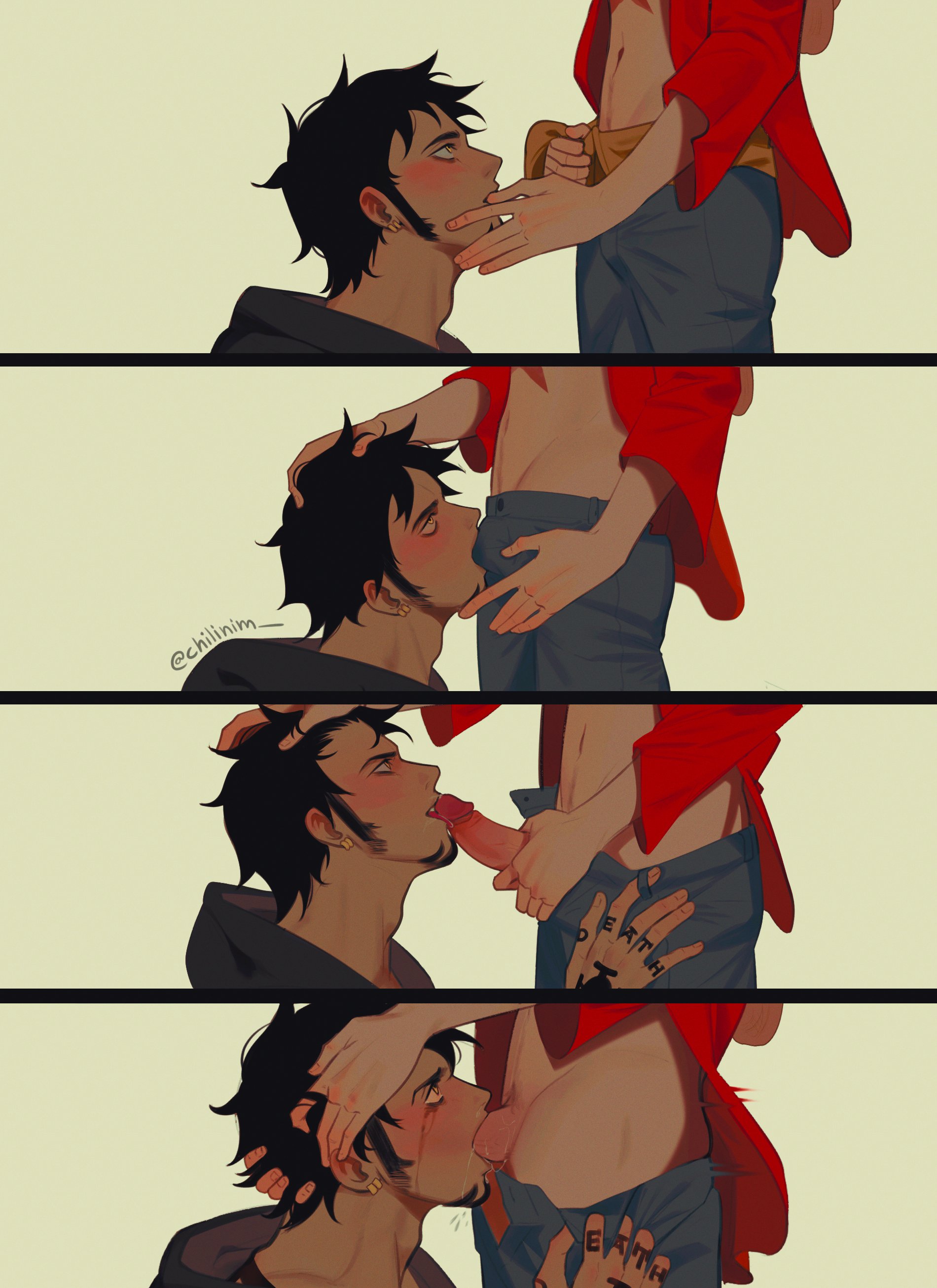 blush, clothed, clothing, currynim, erect penis, erection, facial hair, gay, grabbing head, head grab, head grabbing, headgrab, male, male focus, male only, male pubic hair, monkey d luffy, one piece, oral, oral sex, pants, pants down, penis, penis on face, pubes, pubic hair, standing, submissive, submissive male, sucking, sucking penis, trafalgar law, yaoi