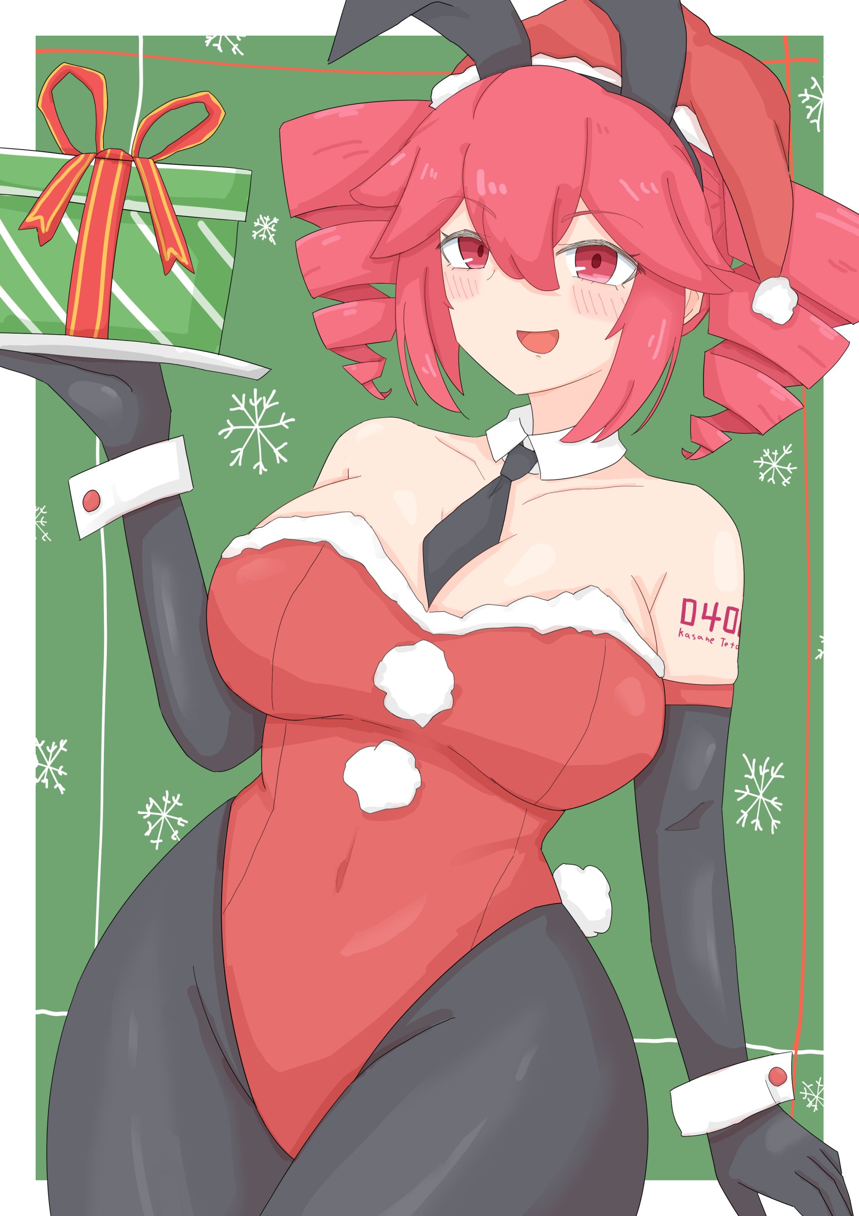 1girls, 2d, 2d (artwork), ahoge, arm tattoo, armwear, belly, big breasts, big thighs, blush, blush lines, breasts, bunny ears, bunny girl, bunny tail, bunnysuit, christmas, christmas clothing, christmas outfit, cleavage, crab nokogiri, curvaceous, curvy, curvy female, curvy figure, curvy hips, deep cleavage, detached collar, detached cuffs, eyelashes, fat breasts, fat thighs, female, female only, fur trim, gift, gift box, hips wider than shoulders, hourglass figure, huge breasts, huge hips, huge thighs, kasane teto, large breasts, large thighs, latex, latex clothing, looking at viewer, massive thighs, navel, navel visible through clothes, necktie, necktie between breasts, open mouth, pantyhose, playboy bunny, plump, plump breasts, plump thighs, present, red eyes, red hair, santa hat, shiny clothes, sidelocks, simple background, skin tight, slim waist, smile, solo, solo female, tattoo, thick thighs, thighs, thighs bigger than head, tight clothing, tray, twin drills, utau, voluptuous, voluptuous female, wide hips