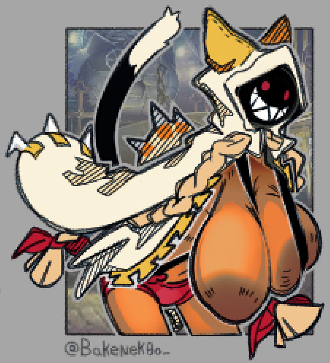 1girls, bakenek0o, big breasts, blazblue, dark skin, dark skinned female, fecharis, female, kaka (blazblue), mask, masked, masked female, saggy breasts, taokaka