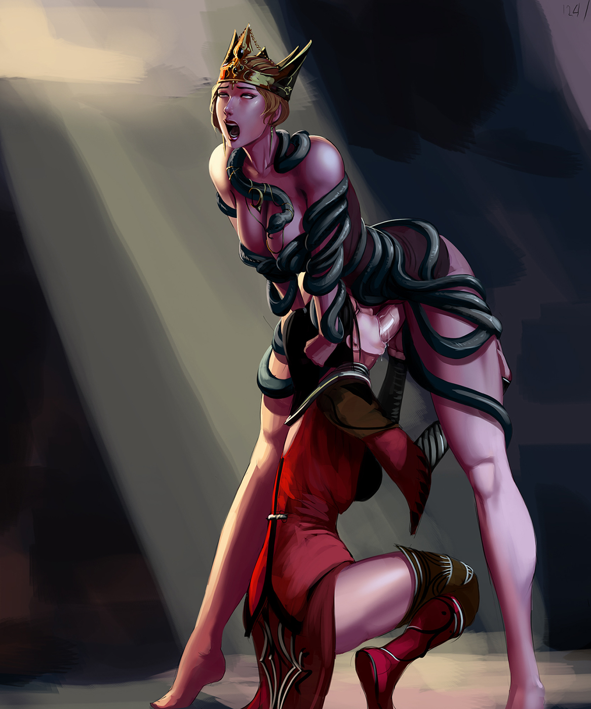 :o, ahe gao, aka6, archeage, breasts, cleavage, crown, deepthroat, dickgirl, erection, fellatio, female, futa on female, futanari, hair, hair grab, harani, intersex, oral, orchidna, penis, sex, snake, squat, sword swallowing position, tiptoes