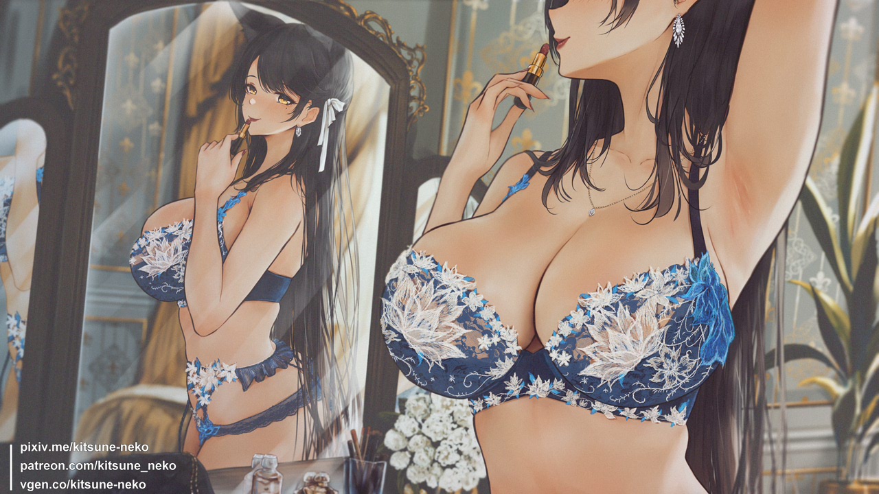 1girls, animal ears, applying makeup, arm up, armpits, atago (azur lane), azur lane, black, blue bra, bra, breasts, cosmetics, dog ears, dog girl, earrings, garter belt, hair, hair ribbon, holding, holding lipstick tube, indoors, jewelry, kitsune-neko, large breasts, lipstick tube, long hair, looking at mirror, mirror, necklace, patreon username, pixiv username, reflection, ribbon, solo, underwear, very long hair, white ribbon, yellow eyes