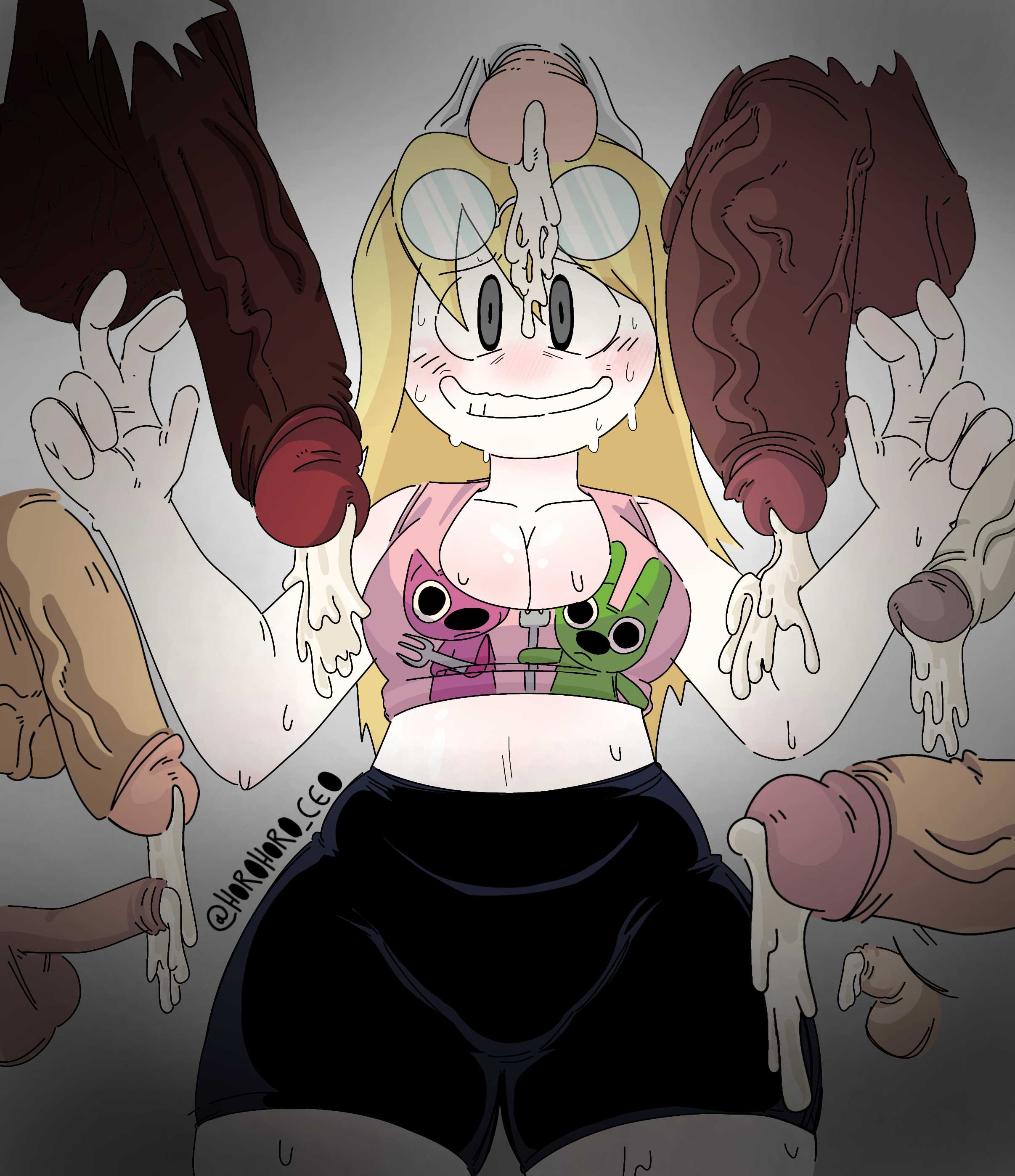 1female, blonde hair, blush, blush lines, blushed face, blushing female, blushing profusely, branded clothes, branded clothing, breasts, cassie (minimidimations), cum dripping from penis, cum dripping on face, embarrassed, embarrassed face, female, glasses, glasses on head, hoops & yoyo, horohoro ceo, minimidimations, penis, shorts, spats, spats shorts, sports bra, white skin, white skinned female, youtube, youtuber