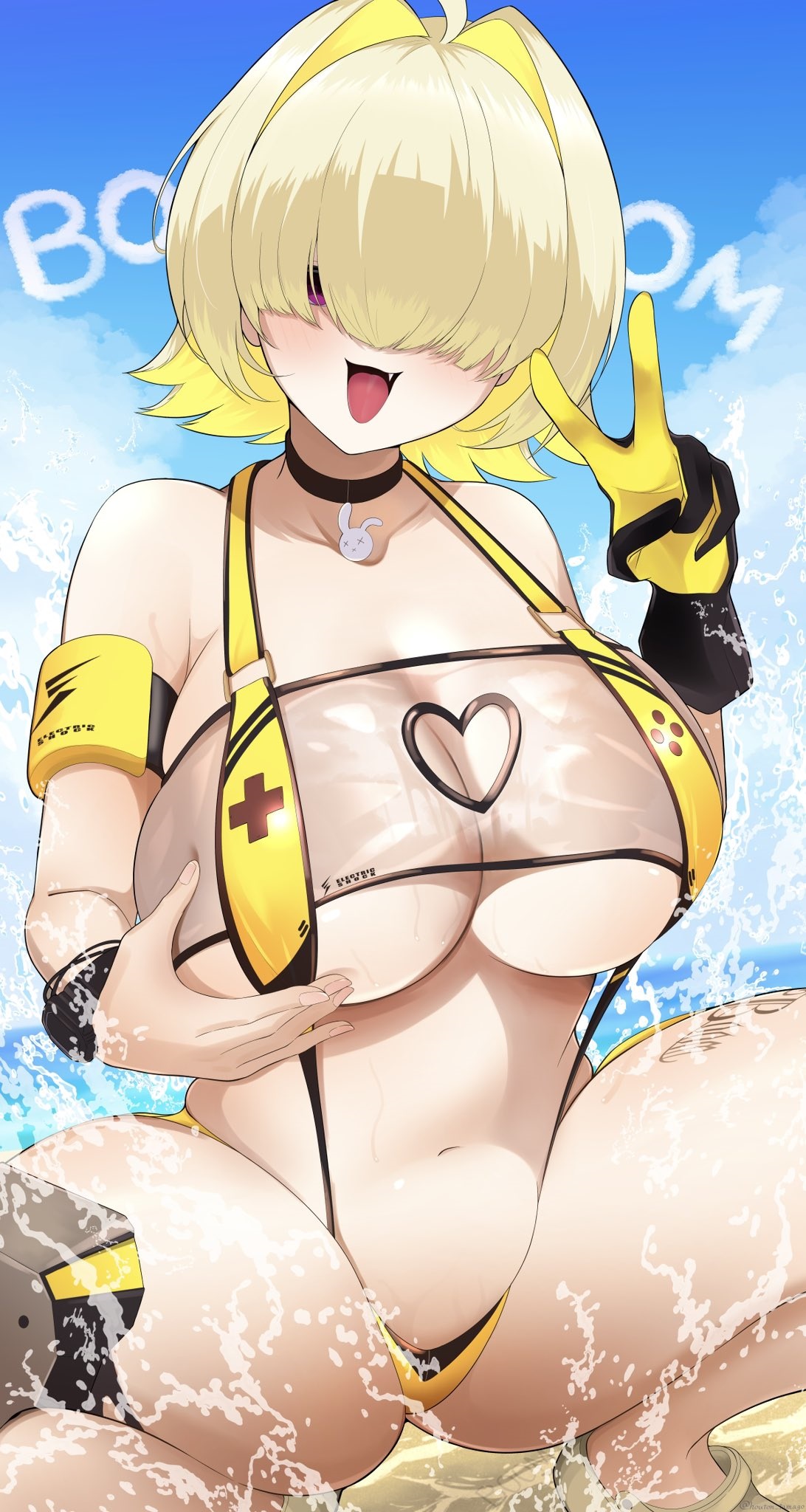 1girl, breasts, commentary request, elegg (boom and shock) (nikke), elegg (nikke), game controller print, goddess of victory: nikke, hair intakes, hair over eyes, highres, houton tamago, large breasts, long bangs, navel, official alternate costume, plump, rabbit choker, rabbit ornament, see-through clothes, see-through slingshot swimsuit, slingshot swimsuit, solo, swimsuit, yellow slingshot swimsuit