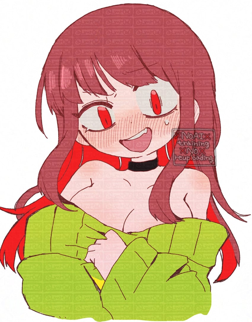 :d, aged up, alternate hair length, alternate hairstyle, bare shoulders, black choker, blush, breasts, brown hair, chara, chara (undertale), choker, collarbone, colored inner hair, cropped torso, female, female chara, genderswap (otf), green sweater, hand up, highres, long hair, long sleeves, looking at viewer, medium breasts, mr0x0, multicolored hair, nose blush, oerba yun fang, off shoulder, off-shoulder sweater, open mouth, puffy long sleeves, puffy sleeves, raised eyebrow, red eyes, red hair, rule 63, sidelocks, simple background, smile, solo, striped clothes, striped sweater, sweater, teeth, text, too many watermarks, two-tone hair, two-tone sweater, undertale, undertale (series), uneven eyes, upper teeth only, utdr (toby fox), watermark, white background