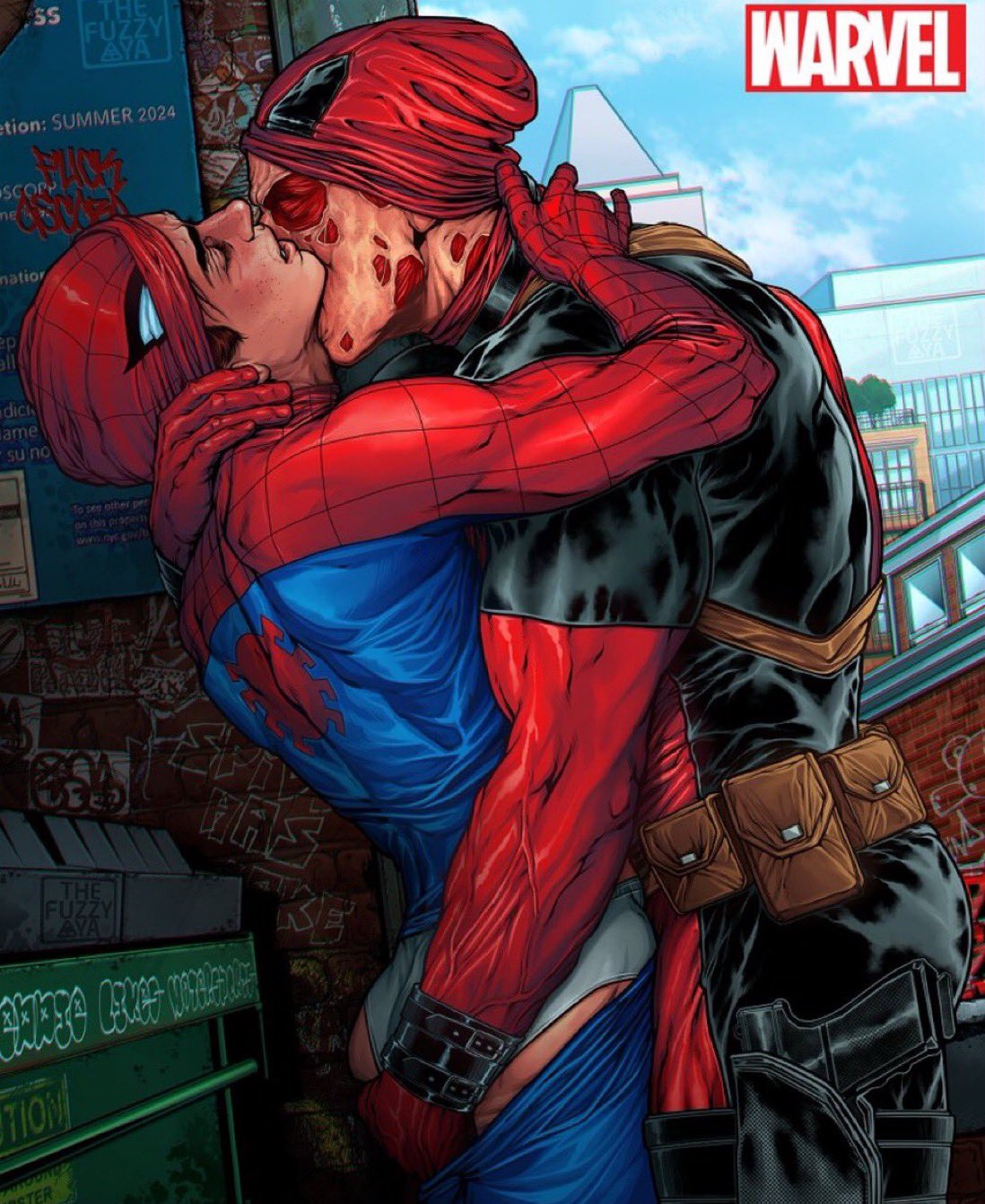 bara, before sex, burn scars, comic style, deadpool, gay, grabbing ass, hug, johyawnn, kissing, kissing neck, male, male only, marvel, muscular, muscular male, peter parker, scar, spider-man, spider-man (series), thefuzzyaya, wade wilson