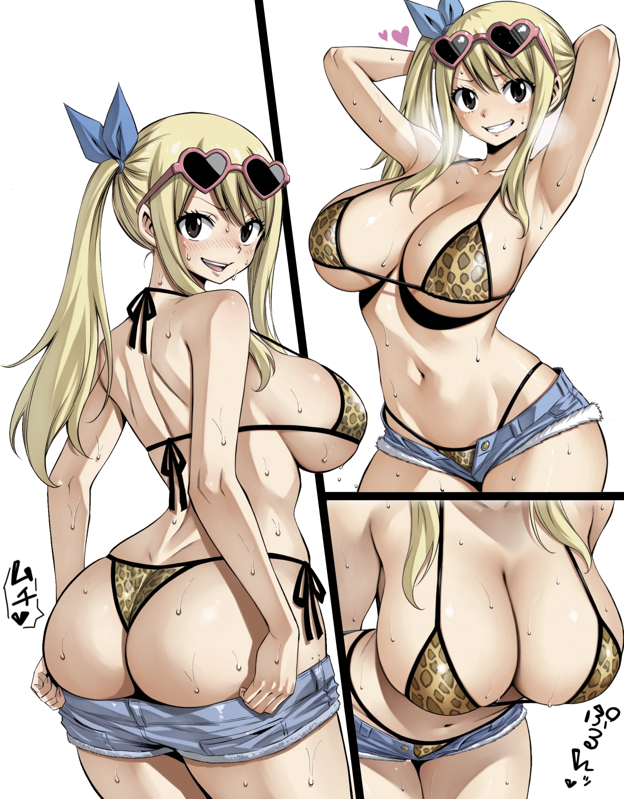 1girls, ai generated, bikini, blonde hair, blonde-haired female, fairy tail, huge ass, huge breasts, leopard print, leopard print bikini, lucy heartfilia, shorts, smiley face