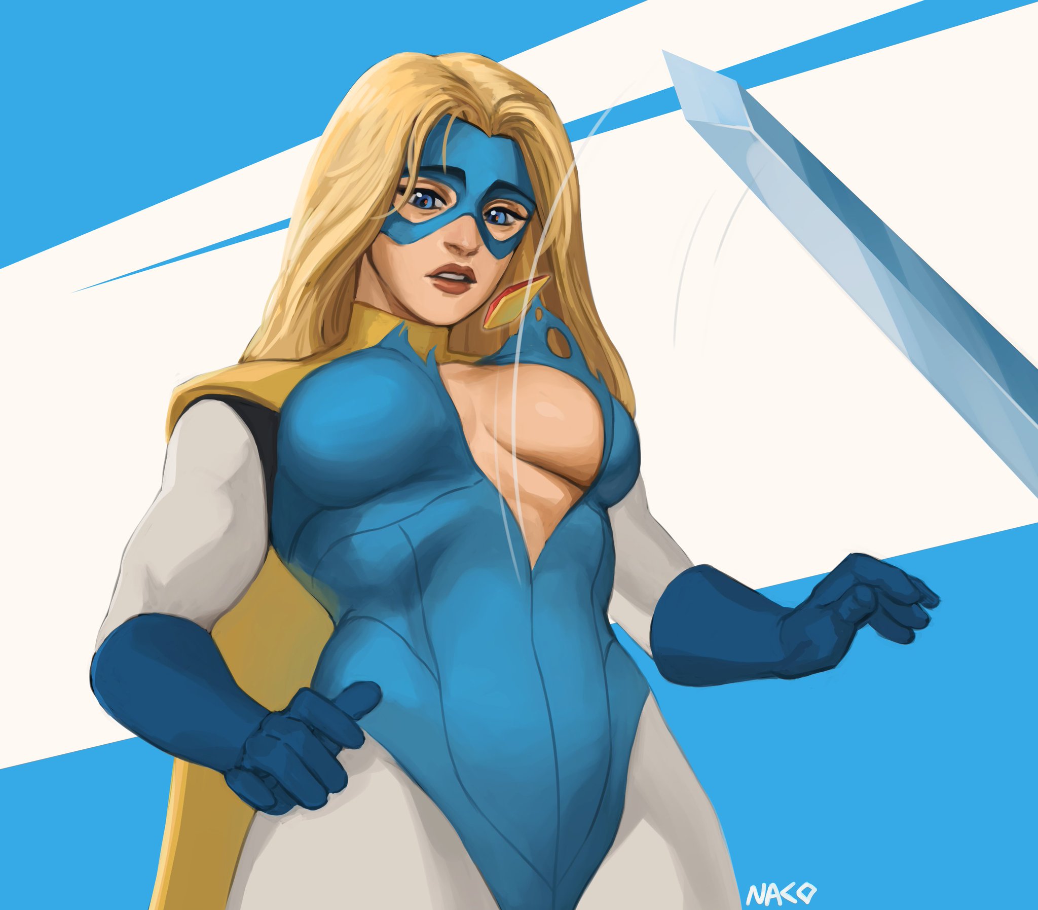1girls, big breasts, blonde blazer, blonde hair, breasts, dispatch (game), female, female only, gloves, kurooxyuroo, mandy (dispatch), ripped clothing, solo, superheroine