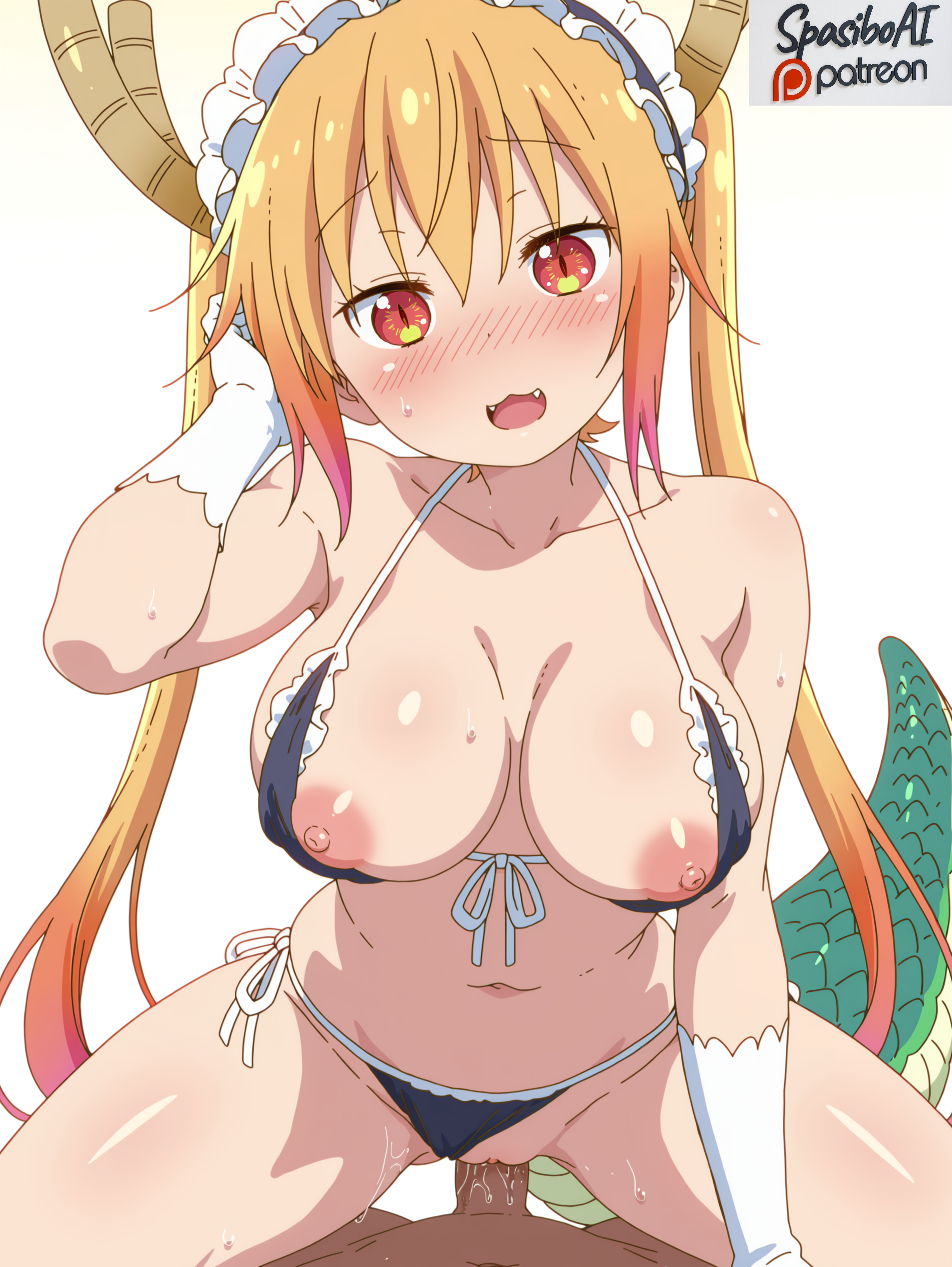 :3, :d, 1boy, ai generated, bare shoulders, bikini, bikini bottom aside, black bikini, blonde hair, blush, breasts, censored, clothing aside, collarbone, cowgirl position, dragon girl, dragon horns, dragon tail, fangs, female, frilled bikini, frills, front-tie top, gloves, gradient background, gradient hair, hair between eyes, happy sex, horns, large breasts, large tail, long hair, looking at viewer, maid, maid bikini, maid headdress, miss kobayashi's dragon maid, mosaic censoring, multicolored hair, navel, nipple slip, nipples, nose blush, open mouth, orange hair, penis, pov, pussy, pussy juice, red eyes, scales, sex, side-tie bikini bottom, simple background, skin fangs, slit pupils, smile, solo focus, spasibo15, straddling, straight, sweat, swimsuit, tail, tohru (dragon maid), tohru (maidragon), twintails, uncensored, unconventional maid, vaginal penetration, white background, white gloves