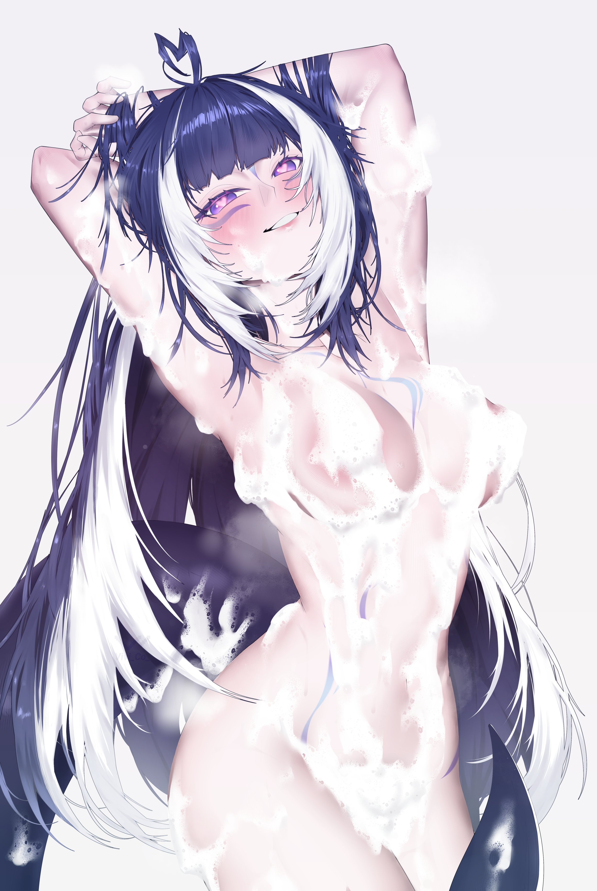blush, creative censorship, heart-shaped pupils, horny female, indie virtual youtuber, long hair, looking at viewer, orca girl, orca tail, shylily, smiling at viewer, soaked pussy, soap bubbles, soap censor, soapy, soapy breasts, taking a bath, virtual youtuber, vivi co, wet body, wet hair, whale girl