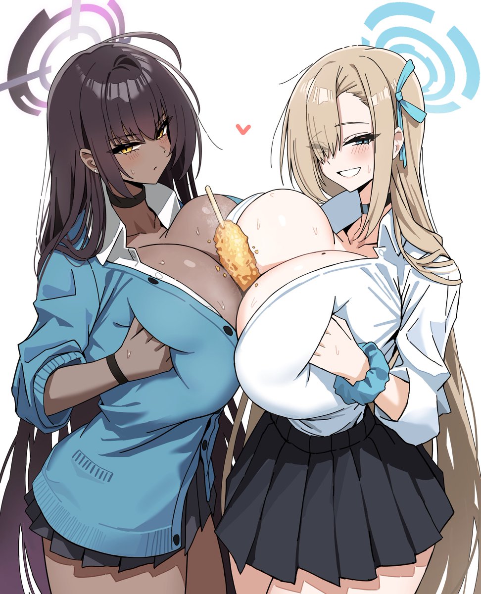 2girls, artist request, asuna (blue archive), asuna (school uniform) (blue archive), big breasts, blue archive, breast press, breast squeeze, breasts bigger than head, cleaning & clearing (blue archive), corndog, dark-skinned female, female, female only, gyaru, halo, hand on breast, karin (blue archive), karin (school uniform) (blue archive), light-skinned female, millennium science school student, object between breasts, school uniform, sweaty breasts, taunting, uniform