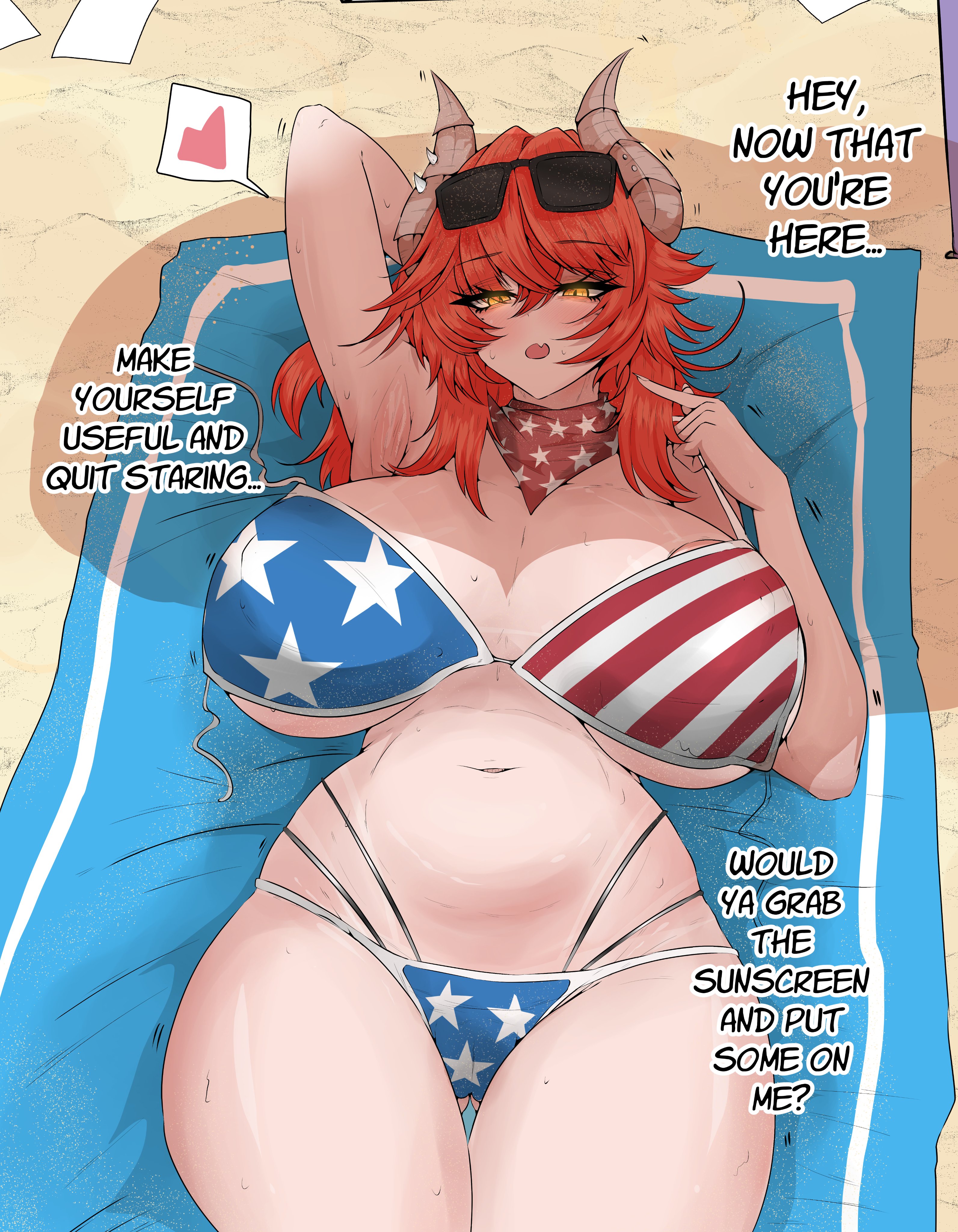 1girls, american flag bikini, armpits, arms up, ass, big ass, big thighs, bikini, blush, breasts, choker, dialogue, dragon girl, dragon horns, dragon tail, female, female only, flag bikini, flag print, hands behind head, horns, huge ass, huge breasts, huge thighs, light skin, light-skinned female, long hair, looking at viewer, mayoartworks, red hair, solo, tail, text, thick thighs, thighs, very long hair, virtual youtuber, wavy hair, yellow eyes, zentreya, zentreya (cowboy bikini)