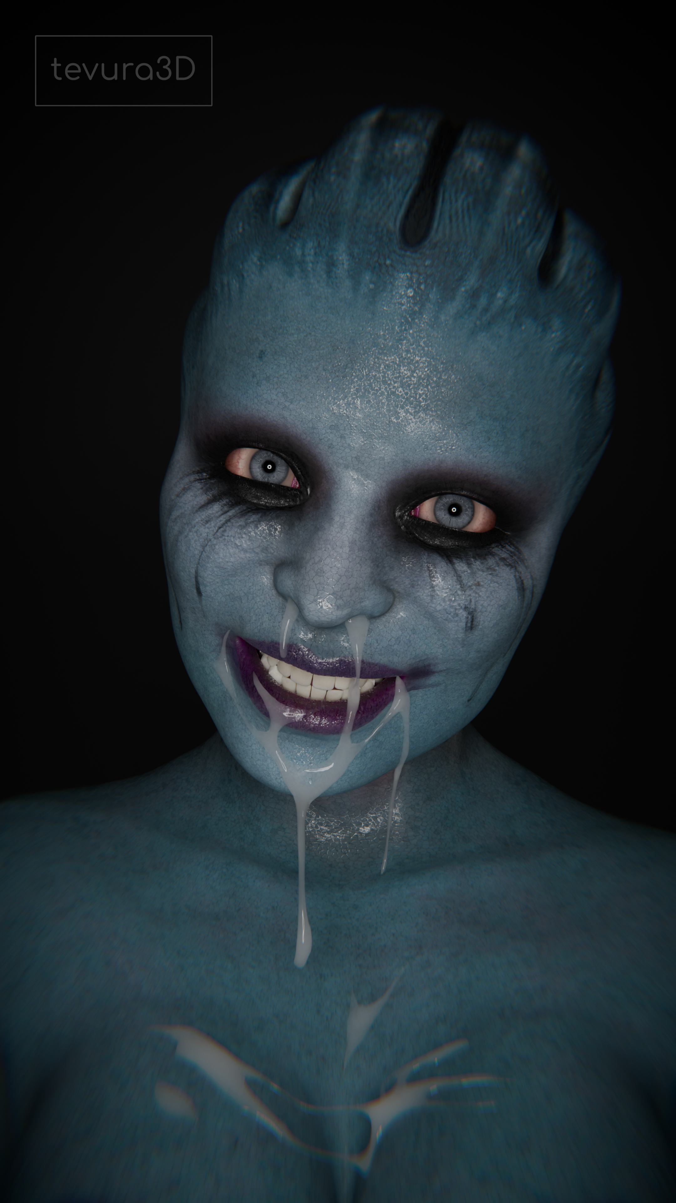 after oral, after sex, asari, blue body, blue eyes, blue skin, close-up, crazy eyes, cum, cum from nose, cum on breasts, cum on face, dripping cum, exhausted, face closeup, face focus, happy, looking at viewer, mass effect, morinth, ruined makeup, smile, smiling, smiling at viewer, smudged makeup, sweat, sweaty, tevura3d