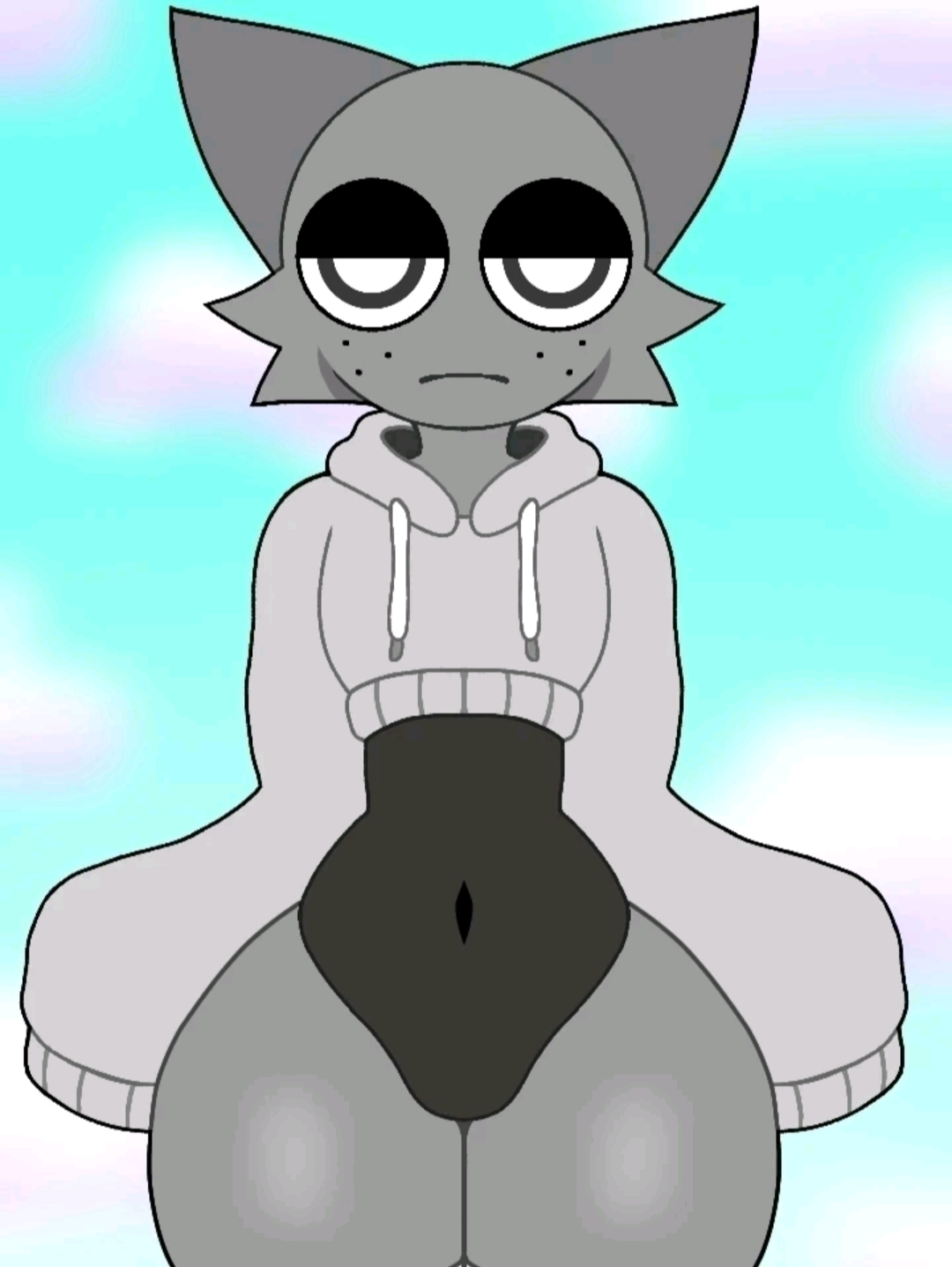 bored, bulge, cheek tuft, femboy, freckles, gay, gray (sprunki), grey (sprunki), hoodie, horny, looking at viewer, male, solo, sprunki, thighs, tuft