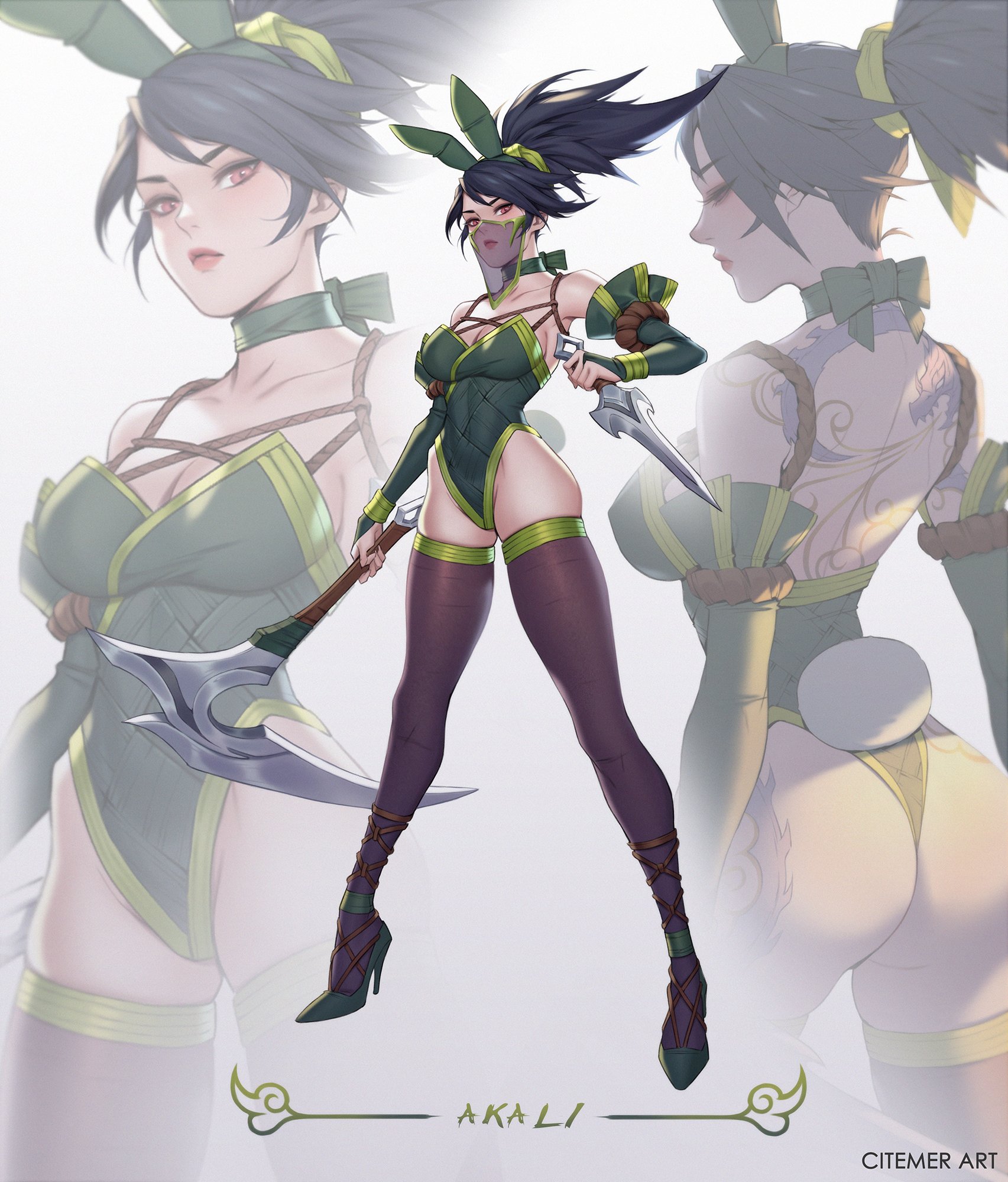 1girls, 2d, akali jhomen tethi, ass, back view, big breasts, black hair, breasts, brown eyes, bunny ears, bunny tail, bunnysuit, citemer, female, female only, front view, large breasts, league of legends, riot games