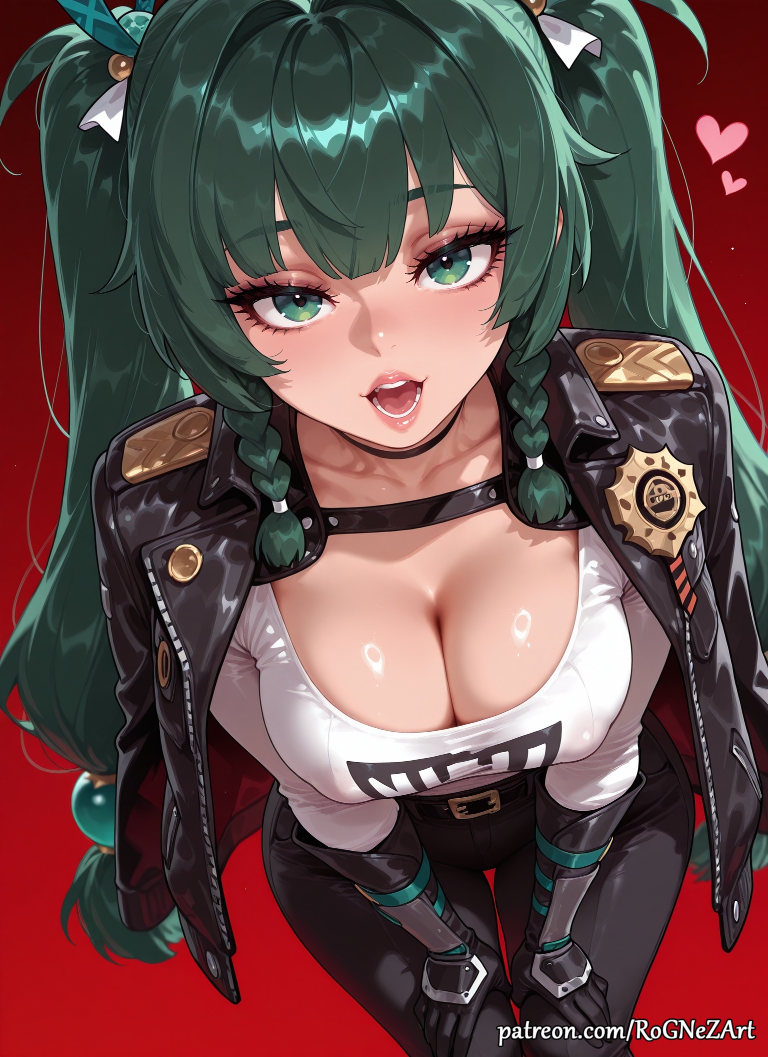 2025, ai generated, anime, bangs, belt, black gloves, black jacket, black pants, braid, braided hair, breasts, cleavage, crossover, eye contact, female, female focus, female only, gloves, green eyes, green hair, handwear, heart, highres, hoyoverse, huge breasts, jacket, jacket on shoulders, large breasts, leather, leather jacket, leather pants, long hair, looking at viewer, mihoyo, moaning, nsfw, open mouth, pants, patreon, qingyi (zenless zone zero), red background, rognezart, shirt, solo, twin braids, twintails, very long hair, zenless zone zero