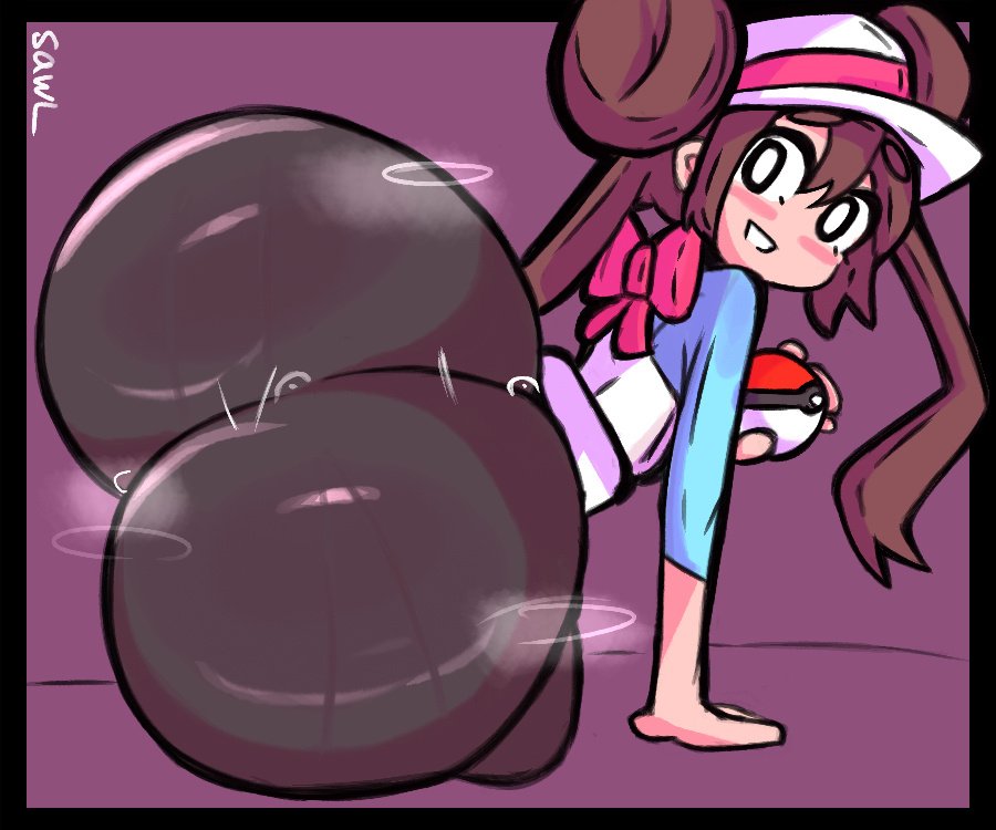 1girls, ass, ass body, ass focus, black border, black legwear, blush, bottom heavy, brown hair, bubble butt, double bun, holding poke ball, huge ass, legwear under shorts, looking back, nintendo, notsawl, pantyhose, poke ball, pokeball, pokemon, pokemon bw2, raglan sleeves, rosa (pokemon), small breasts, smile, solo, sweat, sweaty, sweaty ass, sweaty butt, tights, twintails, visor cap