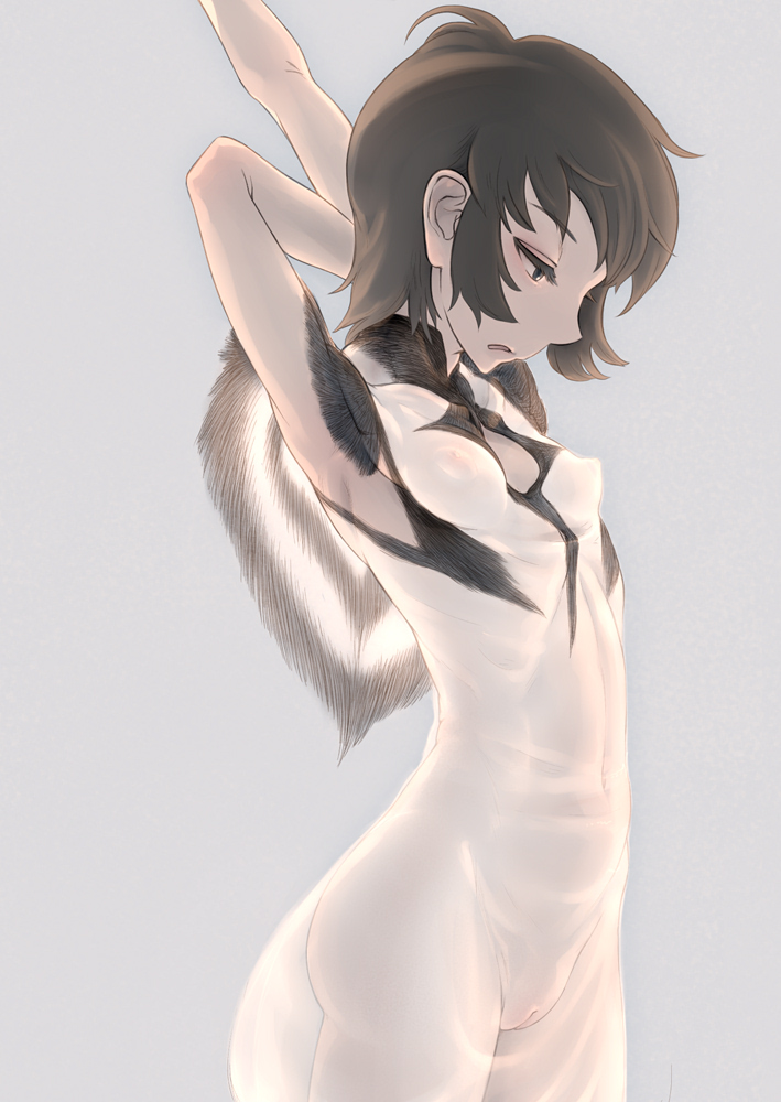 armpits arms_up black_hair breasts brown_eyes dress female ico musen-shiki_sanhankikan nipples no_panties pussy see-through short_hair small_breasts solo uncensored yorda