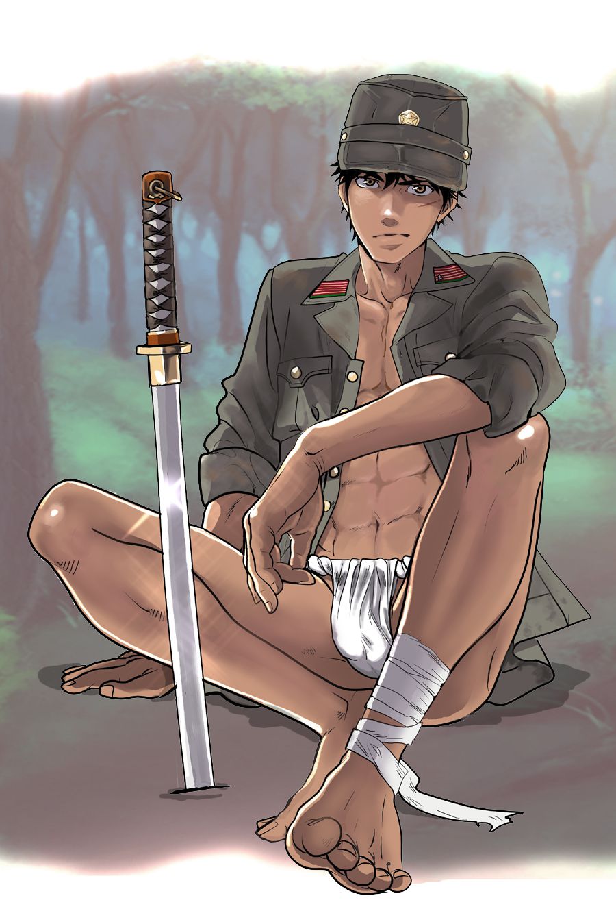 1boy abs barefoot feet goma_saba hat male male_only scar sitting solo toes weapons word